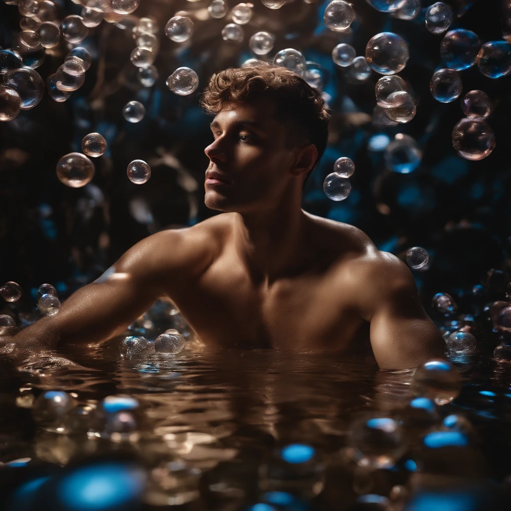 Create an avant-garde photograph featuring a male model in an otherworldly setting. The model should be surrounded by a mesmerizing array of floating bubbles, each reflecting different colors and patterns. The lighting should be dynamic and experimental, casting intriguing shadows and highlights on the model's face and body. Capture a sense of surreal beauty and wonder in this artistic composition, nude, flaccid, large penis, realistic, masterpiece, intricate details, detailed background, depth of field,
