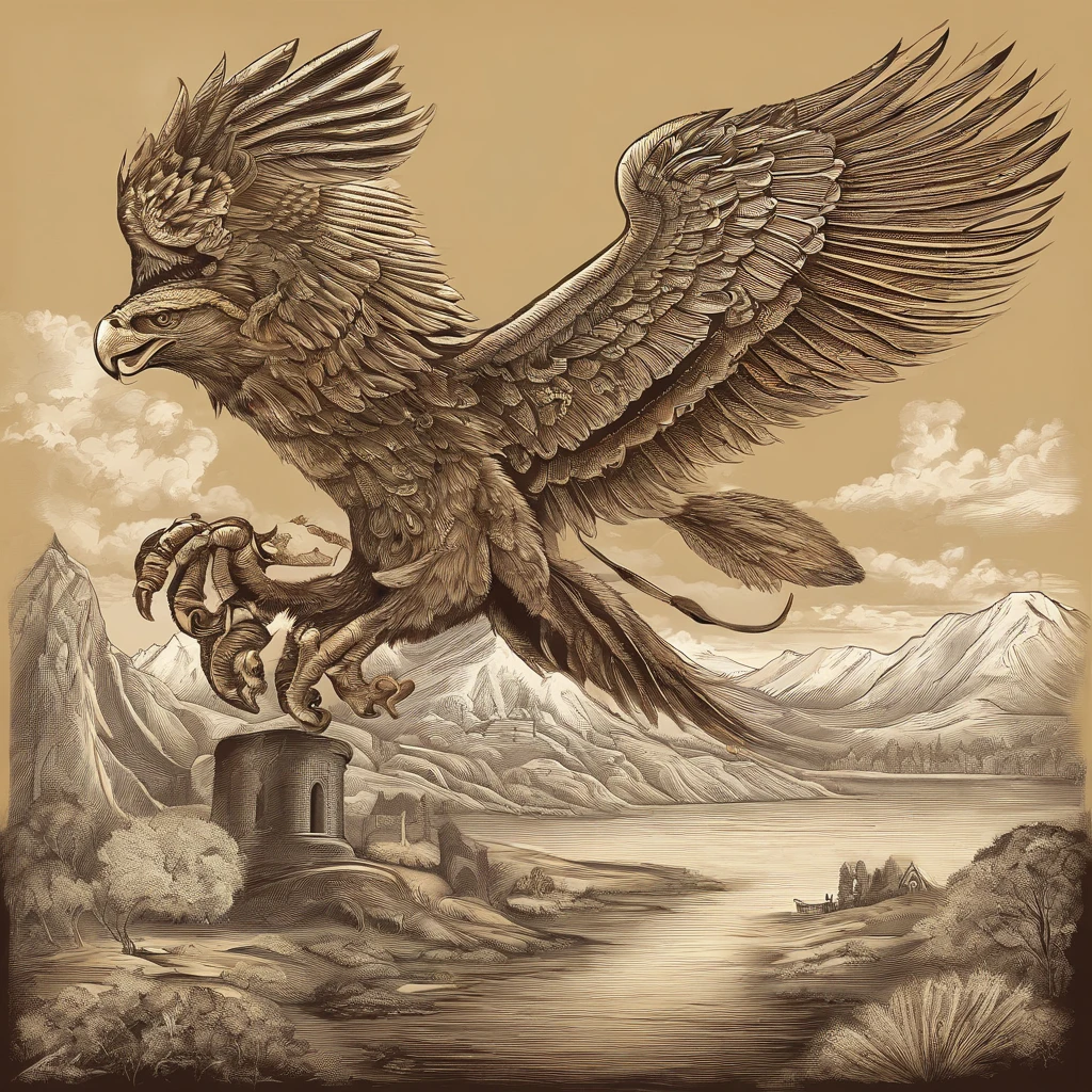 Gryphon, mythological creatures, Majestic, Powerful wings, Lion body, Eagle head, Fierce gaze, Sharp claws, feater, Golden beak, Large size, Flying, Mountains, Cloudy sky, Ancient ruins, Fantasy realm, mythological landscape, Epic, magical, mythological creatures, mythological beasts, Fierce, Mythical monsters
