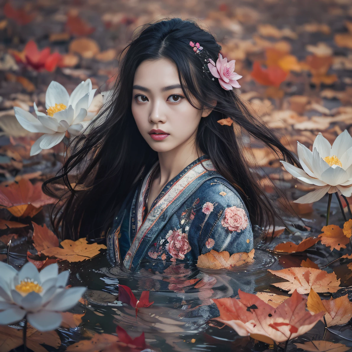 32K（tmasterpiece，k hd，hyper HD，32K）Long flowing black hair，ponds，zydink， a color， Aozhou people （Concubine girl）， （Purple silk scarf）， Combat posture， looking at the ground， long whitr hair， Floating hair， Carp pattern headdress， Chinese long-sleeved clothing， （Abstract gouache splash：1.2）， Pink petal background，Pink and white lotus flowers fly（realisticlying：1.4），Black color hair，Fallen leaves flutter，The background is pure， A high resolution， the detail， RAW photogr， Sharp Re， Nikon D850 Film Stock Photo by Jefferies Lee 4 Kodak Portra 400 Camera F1.6 shots, Rich colors, ultra-realistic vivid textures, Dramatic lighting, Unreal Engine Art Station Trend, cinestir 800，Long flowing black hair，Denim skirt