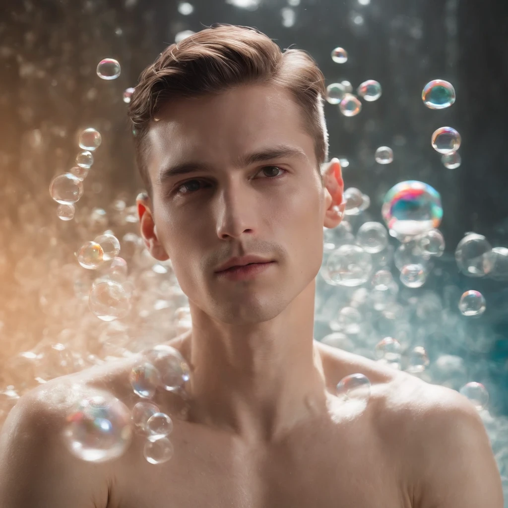 a young and handsome male standing in the bath , 20 years old, white hair , wearing nothing, bathtub , milk bath photography, photoshoot, soap bubbles around the body, top quality --auto