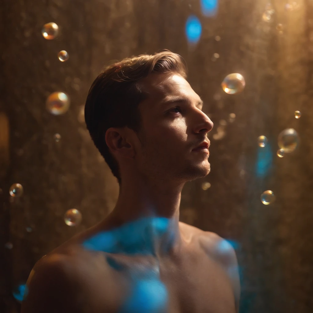 Create an avant-garde photograph featuring a male model in an otherworldly setting. The model should be surrounded by a mesmerizing array of floating bubbles, each reflecting different colors and patterns. The lighting should be dynamic and experimental, casting intriguing shadows and highlights on the model's face and body. Capture a sense of surreal beauty and wonder in this artistic composition, nude, flaccid, large penis, realistic, masterpiece, intricate details, detailed background, depth of field,