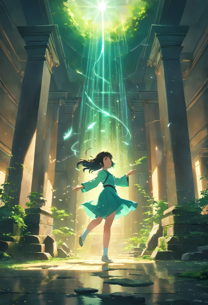 (best quality,4k,8k,highres,masterpiece:1.2),ultra-detailed,(realistic,photorealistic,photo-realistic:1.37),portrait,medium,concept artists,sharp focus,HDR,UHD,studio lighting,extreme detail description,professional,vivid colors,bokeh, fantasy, mystic, mysterious, ruins, magical, glowing, enchanting, ethereal, dark, ancient, floating figure, sorcerer, young, magical ball of light, hand-held, shining brightly, emanating light rays, hovering, levitating, debris, broken stones, crumbling walls, moss-covered pillars, overgrown vegetation, dust particles floating in the air, dramatic lighting, shadows dancing, intricate details, shimmering particles, surreal atmosphere.