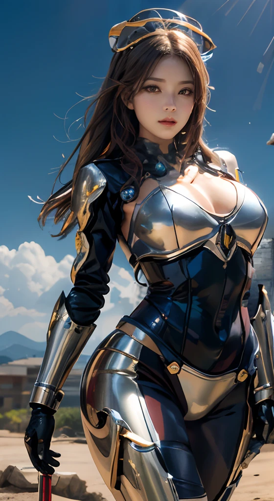 Photorealistic, High resolution, 1womanl, maturefemale, Solo, hips up high, droid, mecha musume,Mechanical parts, Robot joints,Single mechanical arm, Headgear, Mechanical halo,Star Halo,intricate mechanical bodysuit, mecha corset, full armor, White Mecha Body