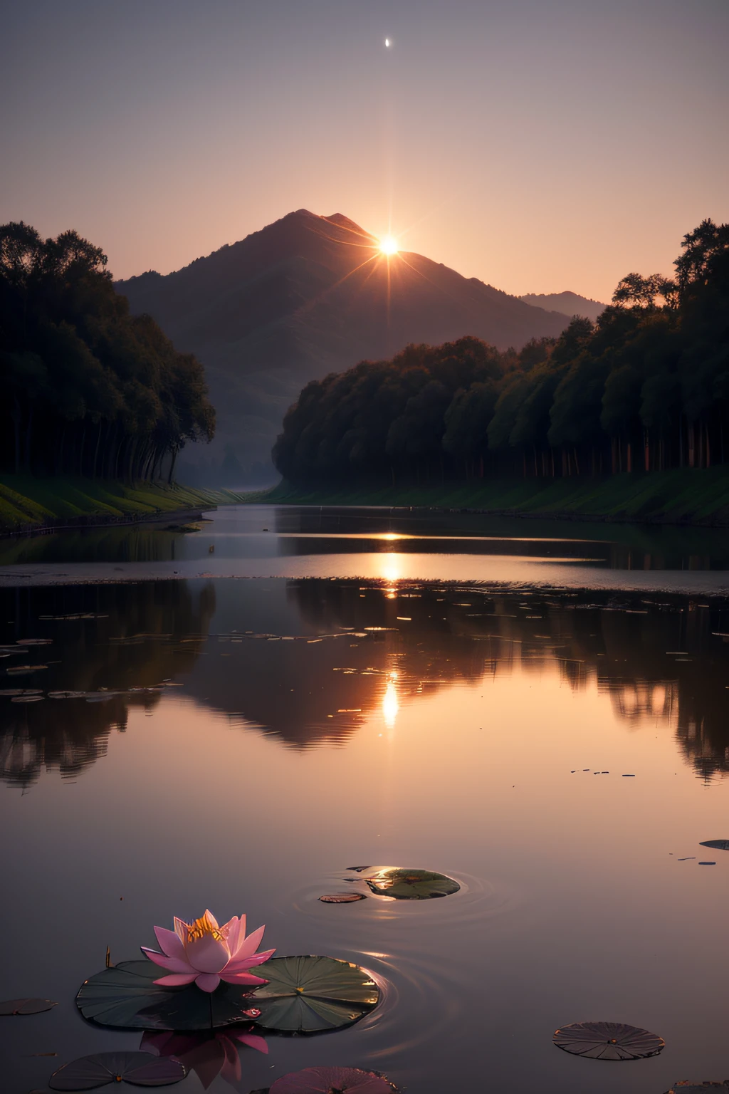 Photograph lotus flowers in the gentle light of twilight. As the sun sets, Capture lotus flowers against a dim sky, Where their ethereal beauty is accentuated by the waning sunlight