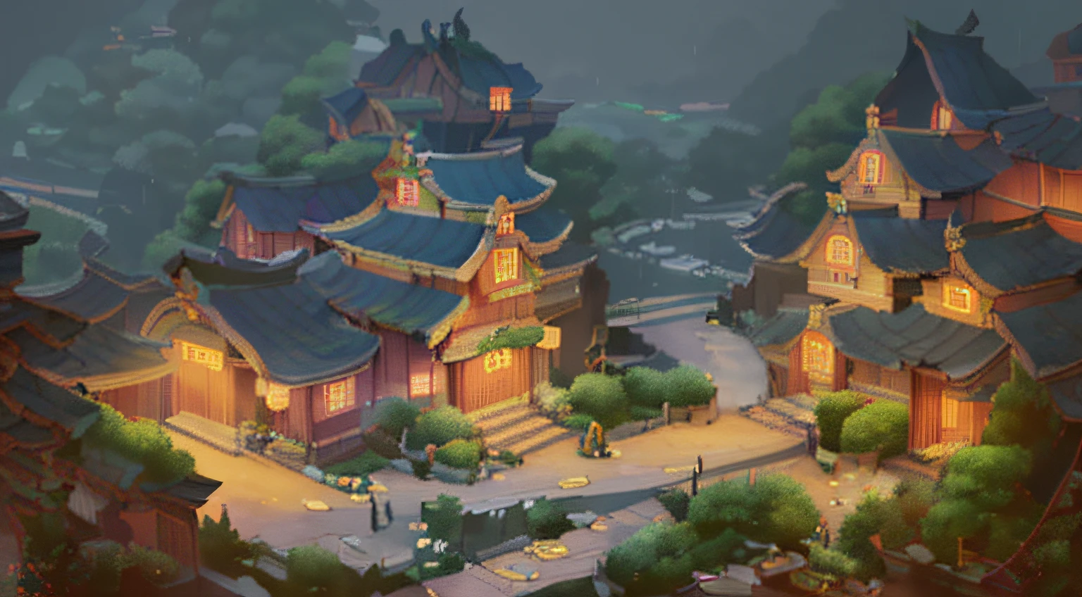 arafed view of a village with a lot of lights on the buildings, dreamy chinese town, chinese village, amazing wallpaper, japanese town, japanese village, hyper realistic photo of a town, old asian village, japanese city, by Raymond Han, rainy evening, cyberpunk chinese ancient castle, beautifully lit buildings, at evening during rain, beautiful and aesthetic, photography, cinematic, 8k, high detailed ((Heavy rain)))