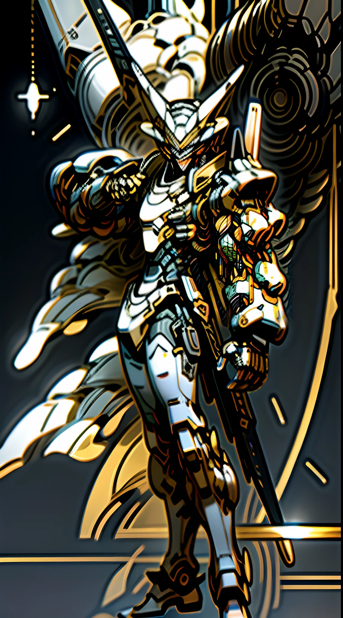 Dark_Fantasy, armored core 6,1Mechanical marvel,Robotic presence, galactic emperor, giant mechanical armour, long sharp white claw, plasma spear weapons , Siberian white tiger inspired ,absolutely stunning art,white and gold coating, highest quality art, highest resolution, hyper detailed,black and red, futuristic, gundam robot, atmospheric,8k,64k, HD, unparalleled masterpiece, dynamic lighting, cinematic, epic