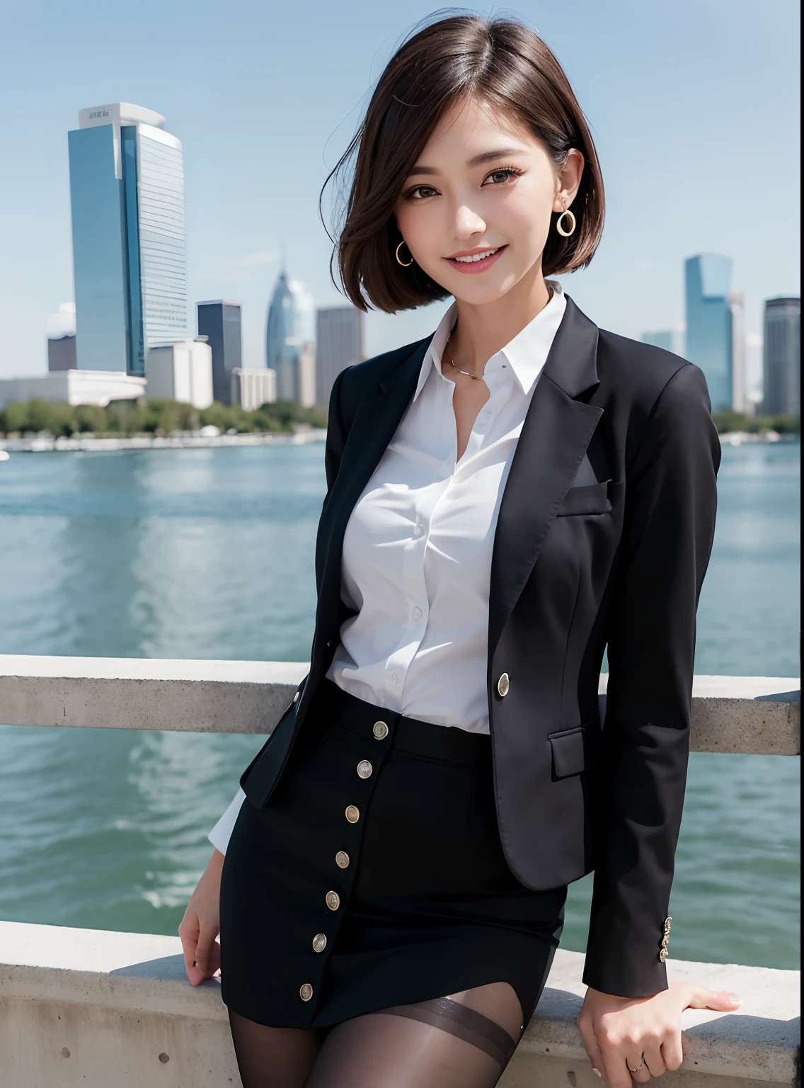 (8k, Best Quality, Masterpiece:1.2), (Realistic, Photorealistic:1.37), Ultra Detail, 1 Girl, Full Body, Outdoor, (Adjusted Hair:1.5) Office Lady, Black Office Blazer, Office Skirt, (pantyhose: 1.2), (short button-down shirt: 1.2), button-up collar prim, button-down collar prim, bra, (pantyhose: 1.2), alpha layer, high heels, beautiful earrings, cute, solo, beautiful detailed sky, (smile: 1.15), (closed mouth), small breasts, beautiful detailed eyes, business attire, (short hair: 1.2), floating hair NovaFrogStyle,