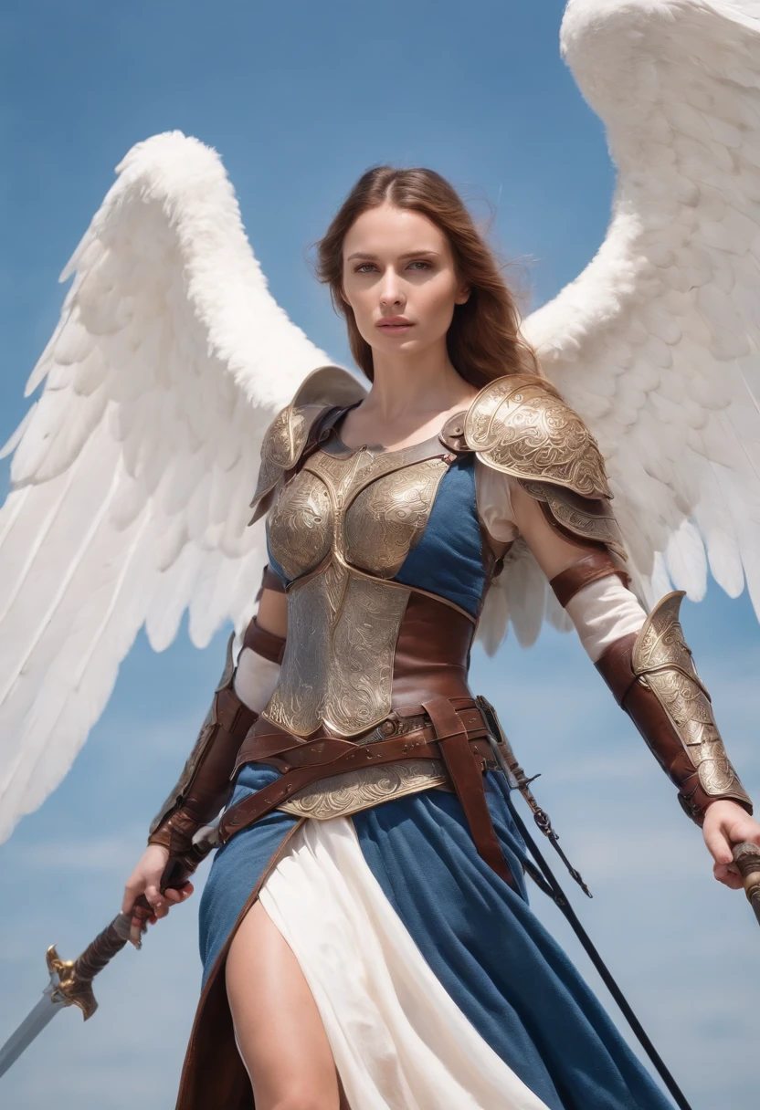 picture of warrior female angel with long white wings with  brown armor and  flaming sword  full body, blue sky, light from heaven solid face