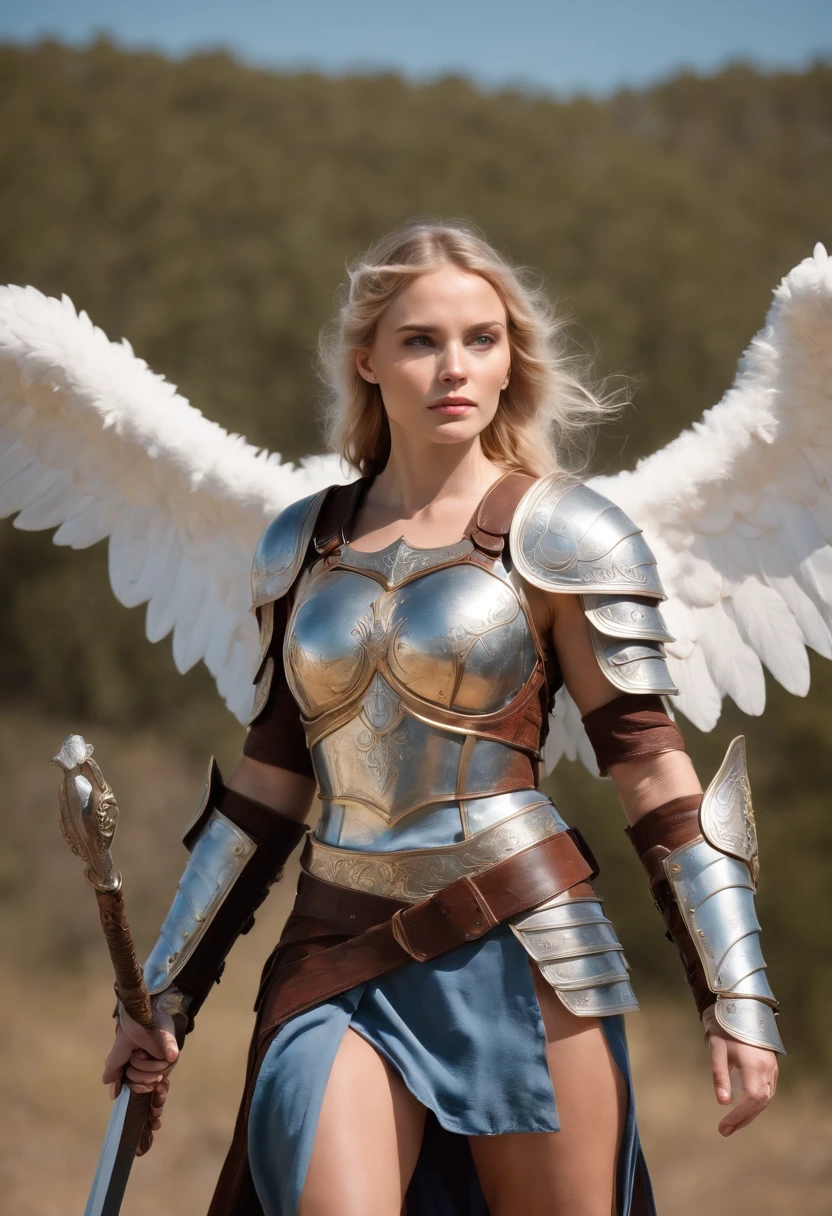 picture of warrior female angel with long white wings with  brown armor and  flaming sword  full body, blue sky, light from heaven solid face