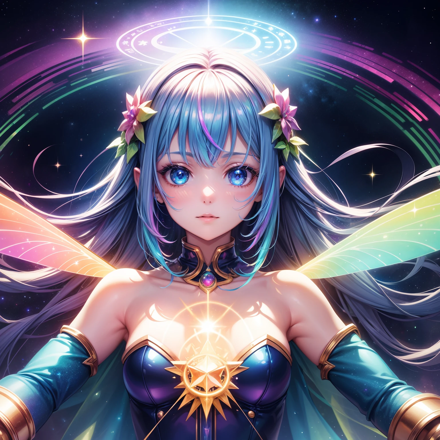 super high image, super detail, super high resolution, portrait, cute fairy, holofilm, translucent, iridescent, background fantasy, galaxy, magic circle, kaleidoscope, give off rainbow and gold neon light many lines radially from floor and ceiling, professional lighting