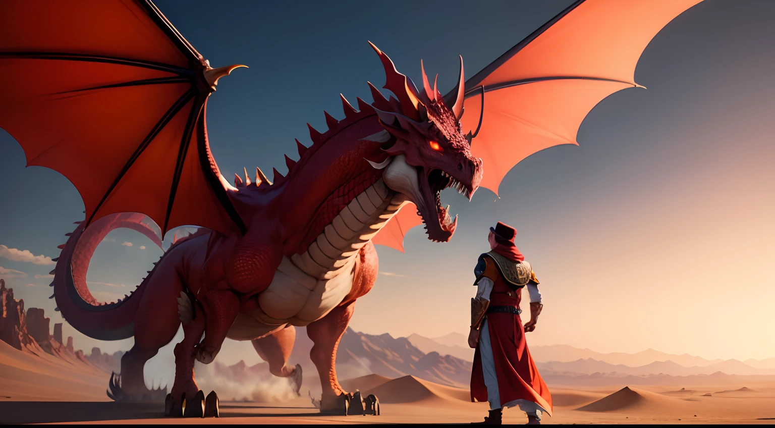 sultan talking with a gigantic red dragon, masterpiece, desert background
