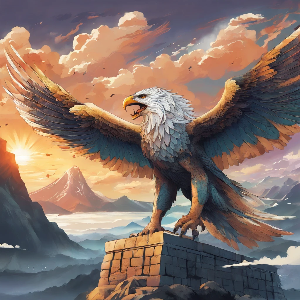 Gryphon, mythological creatures, Majestic, Powerful wings, Lion body, Eagle head, Fierce gaze, Sharp claws, feater, Golden beak, Large size, Flying, Mountains, Cloudy sky, Ancient ruins, Fantasy realm, mythological landscape, Epic, magical, mythological creatures, mythological beasts, Fierce, Mythical monsters