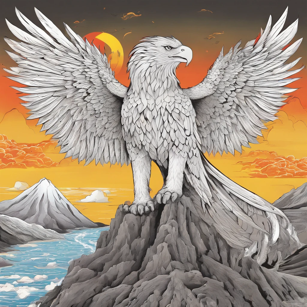 Gryphon, mythological creatures, Majestic, Powerful wings, Lion body, Eagle head, Fierce gaze, Sharp claws, feater, Golden beak, Large size, Flying, Mountains, Cloudy sky, Ancient ruins, Fantasy realm, mythological landscape, Epic, magical, mythological creatures, mythological beasts, Fierce, Mythical monsters