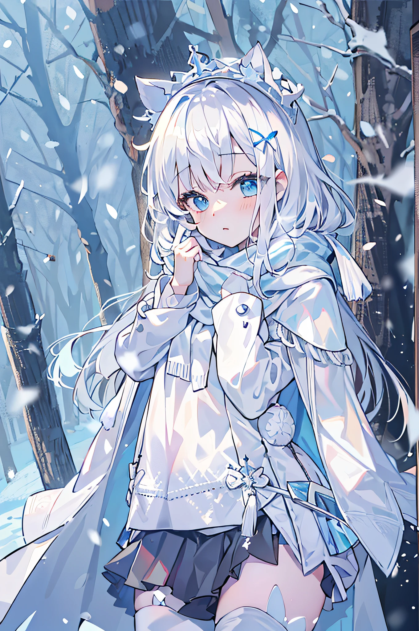 Light blue eyes，Princess cut，whaite hair，White thigh boots，White Gothololita，White over-the-knee stockings，white sash，sweeping bangs，Semi-closed Eyes，Long white scarf，ln the forest，the night，at winter season，bit girl，waiting to start，Look up at the camera