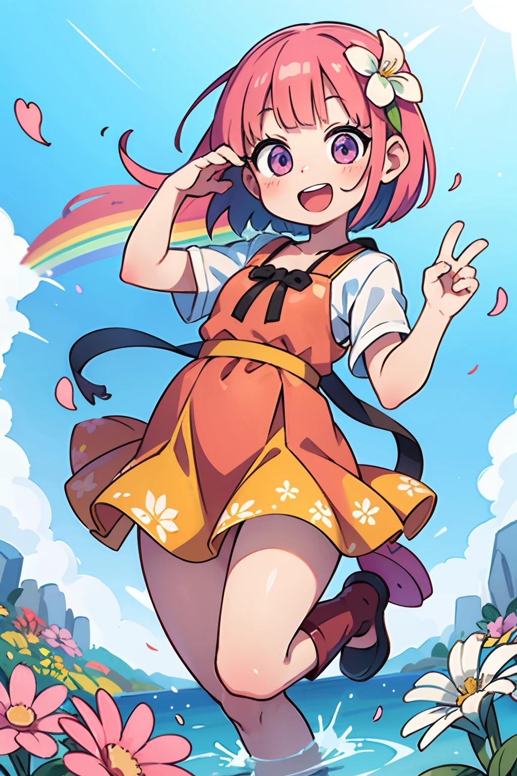 Stand in front of the photo、1girl in,Full body,a short bob, rainbow color Hair,long boots,Open mouth and big smile、Water droplets on the cheeks、kawaii pose、Flowing iridescent silk、up of face、Eye Up、Colorcon with heart pattern、Floral dress、There are flowers even in front of you、flower petals、season!!: springtime☀ 🍂