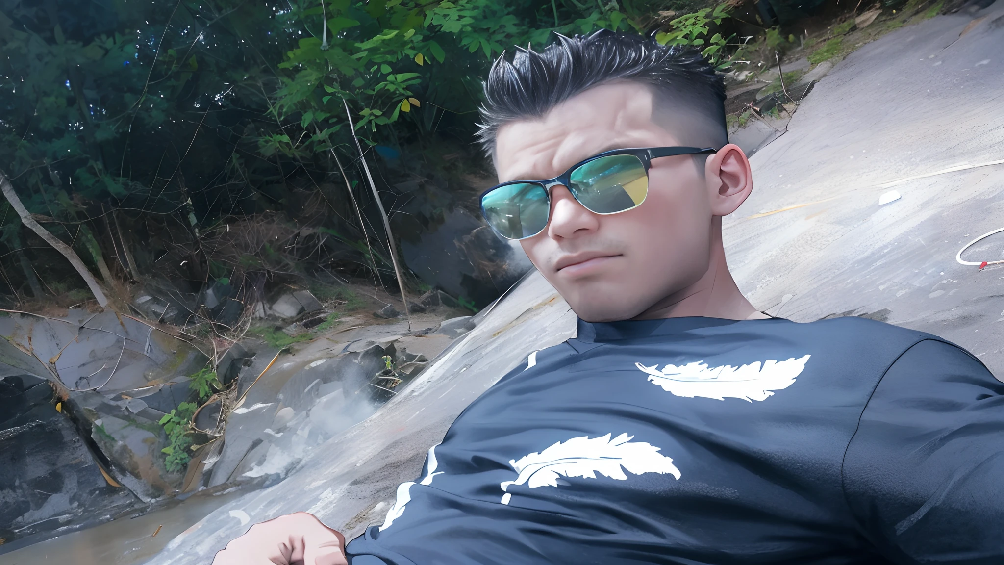 Draw a full-fledged athlete,Stand on the central field of the gym,He wears high-end sportswear,The man looks confident and determined,looking-down,Crew cut,full bodyesbian,shooting from below,