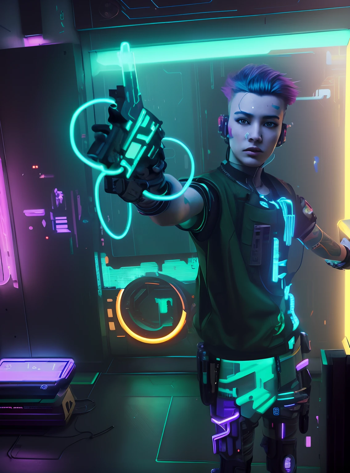 arafed man in a neon outfit holding a gun in a room, a teen cyberpunk cyborg, bright cyberpunk glow, hyper-realistic cyberpunk style, cyberpunk with neon lighting, muted cyberpunk style, in cyber punk 2077, cyber punk setting, cyberpunk vibrant colors, cyberpunk vibe, cyberpunk style color, in cyberpunk style, cyberpunk art style, cyberpunk character in animation