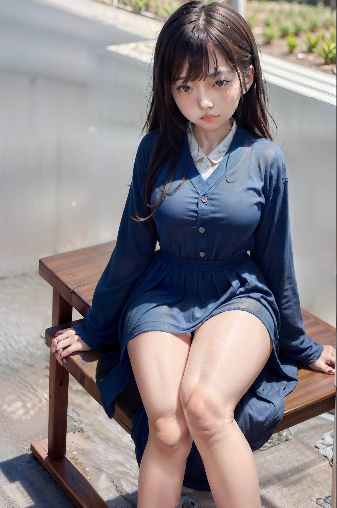Allafed asian woman in sheer silk dress sitting on bench, japanese girl school uniform, cute female student, Korean girl, Surrealism female students, Surrealism female students, Female Student,