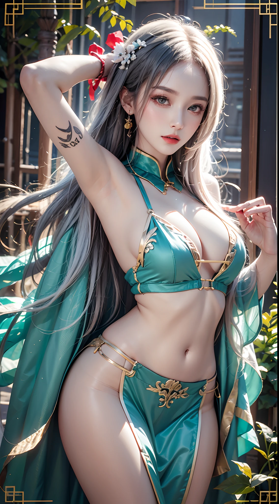 photorealistic, high resolution, soft light, 1women, solo, hips up, shining skin, jewelry, hanfu, white hair, tattoo