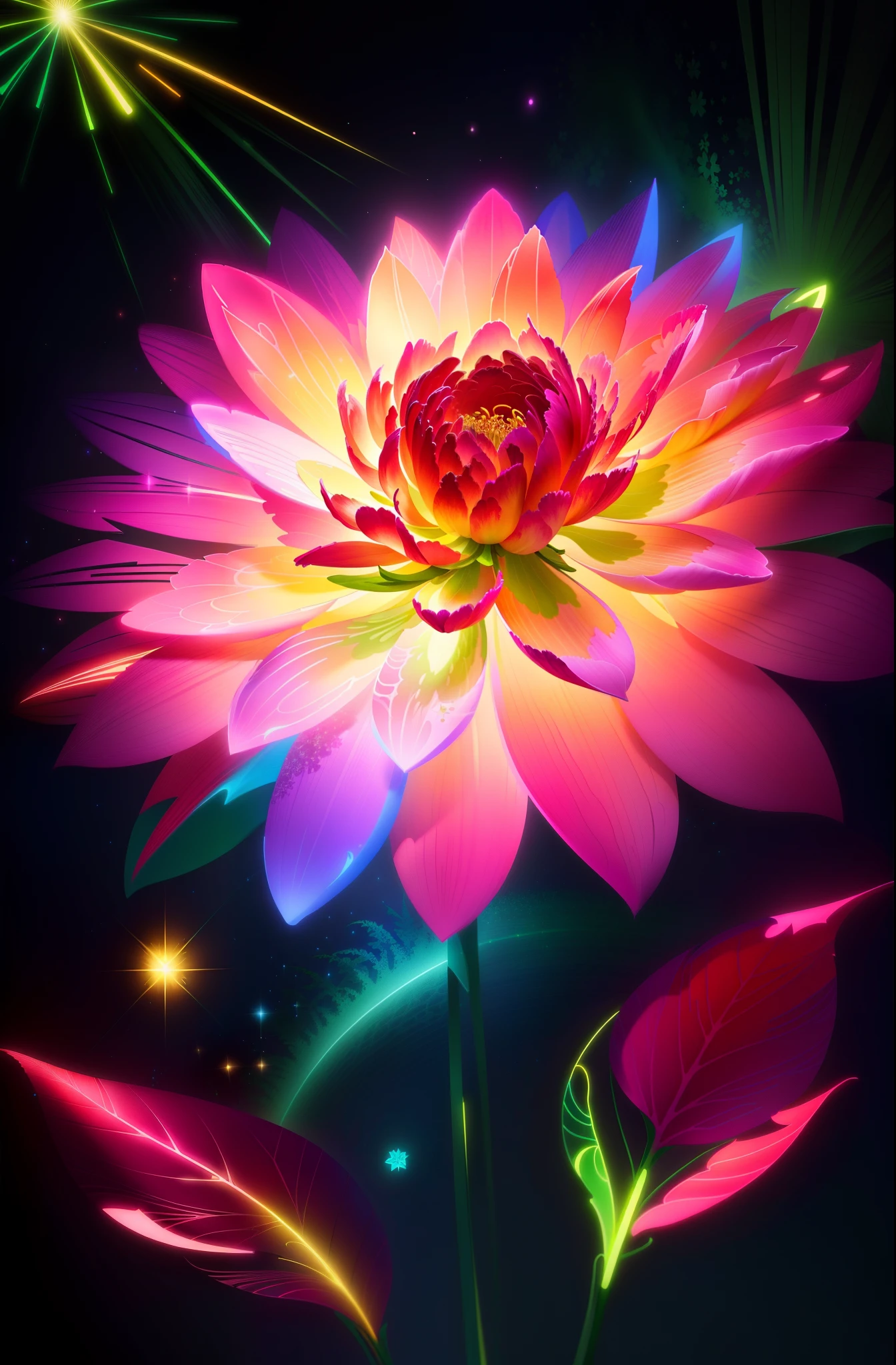 Brightly colored flowers with green leaves and starburst on background, a magical colorful flower, a glowing delicate flower, Beautiful digital art, Luminous flowers, magical flowers, gorgeous digital art, Very beautiful digital art, beautiful gorgeous digital art, beautiful iphone wallpaper, a glowing neon flower, beautiful digital works of art, beautiful art uhd 4 k, stunning digital illustration, stylized digital art
