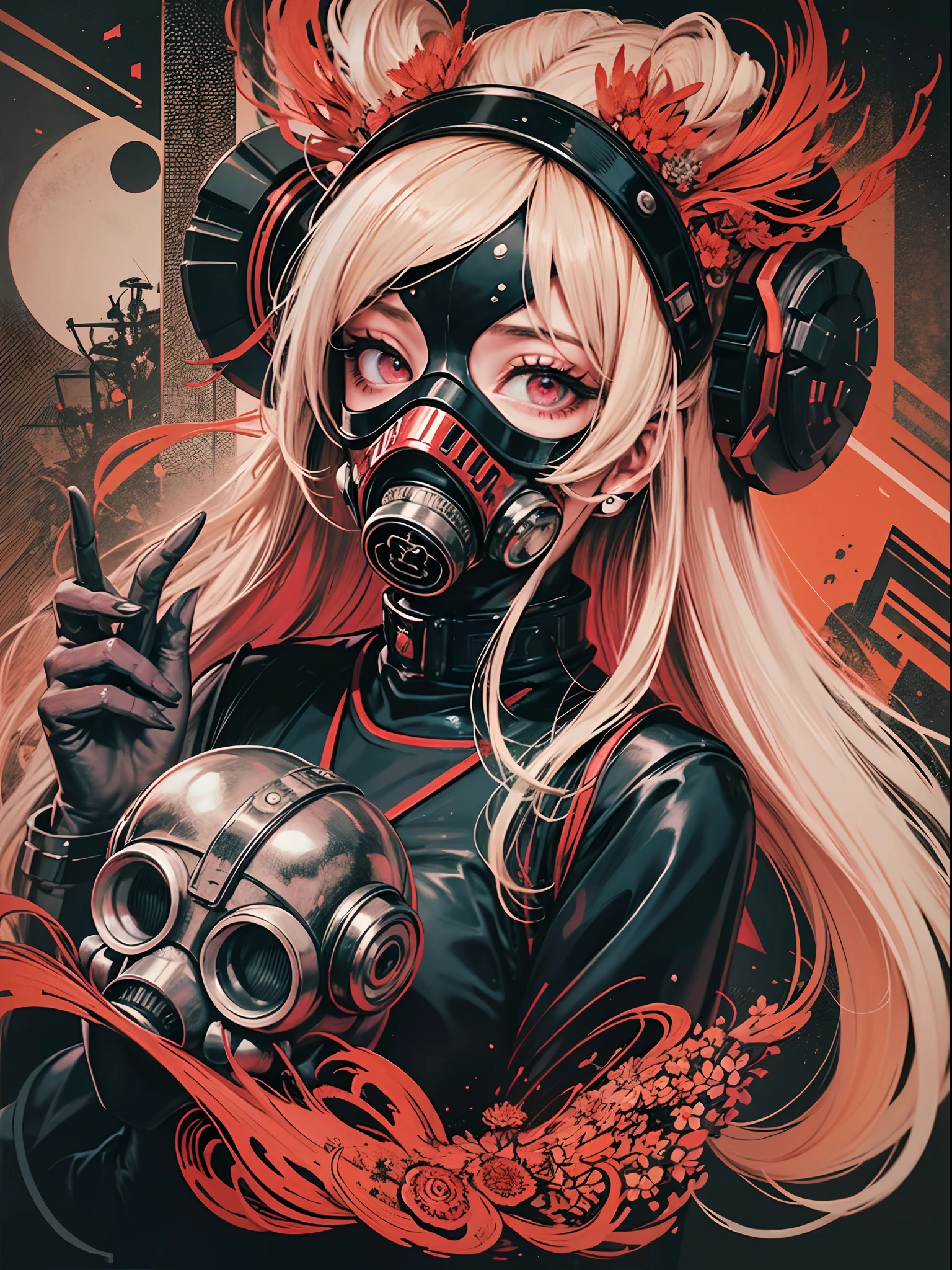 evil female character surrounded by fire, (official art,unity 8k wallpaper,ultra detailed,High quality,best quality), (zentangle, mandala, tangle, entangle:0.8),(red, black),(flat color:0.6),limited palette,low contrast,(1evil character:1.2),solo,serafuku,long straight blonde hair,(lycoris flower:1.3),(goat skull:1.1),(horror),(gloomy),blood,(gasmask:1.2), dark skin, pink eyes