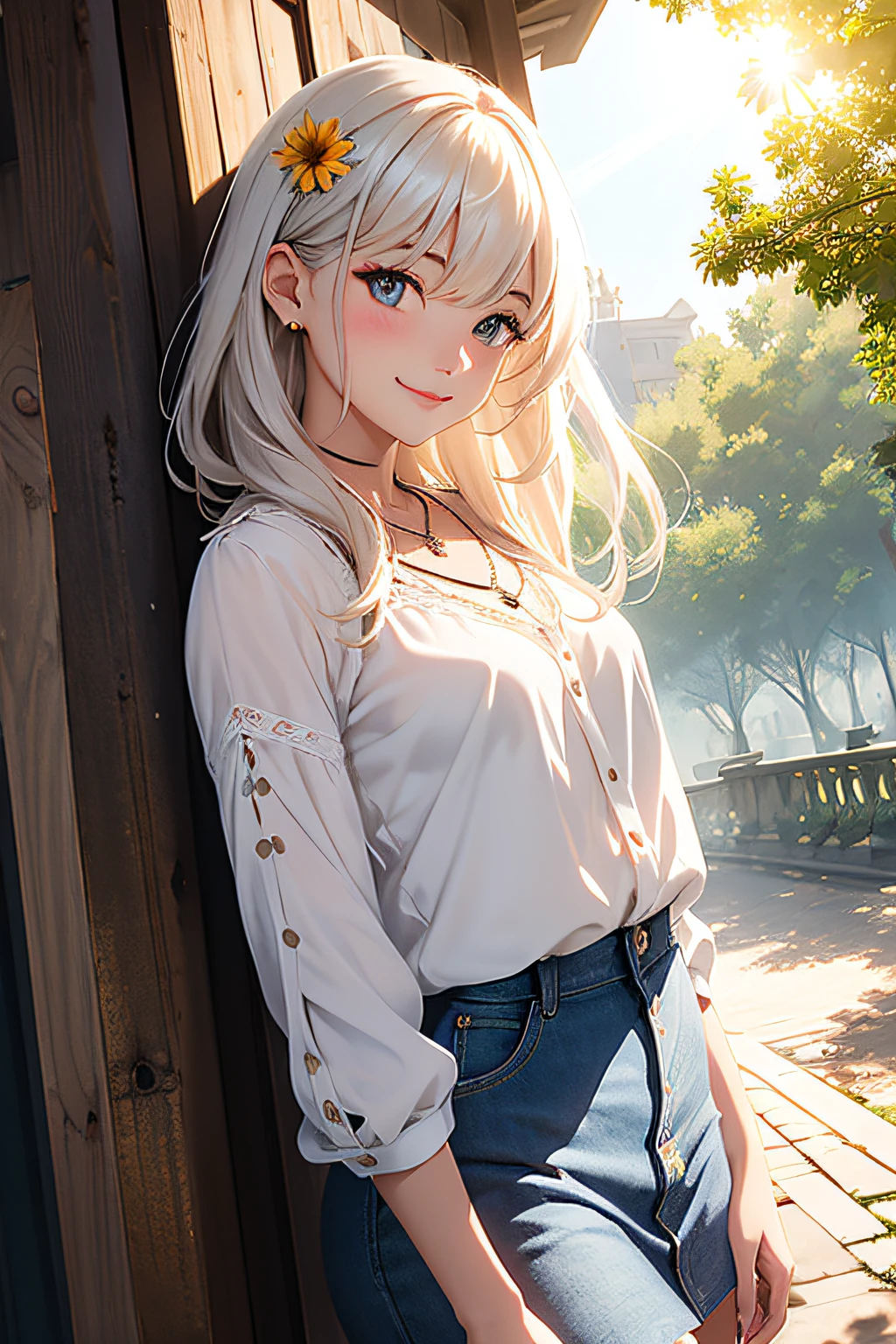 nffsw, Unity, 8K, wall-paper, (​masterpiece), (top-quality),(1girl in:1.3),The best lighting, Complex pupils, Complex textiles, 细致背景, a park, early evening, Sunny, The upper part of the body, from the front side, A smile, Thin, slick skin, verd s eyes, White blouses, Denim skirt, a necklace, (florals, Sun'rays)