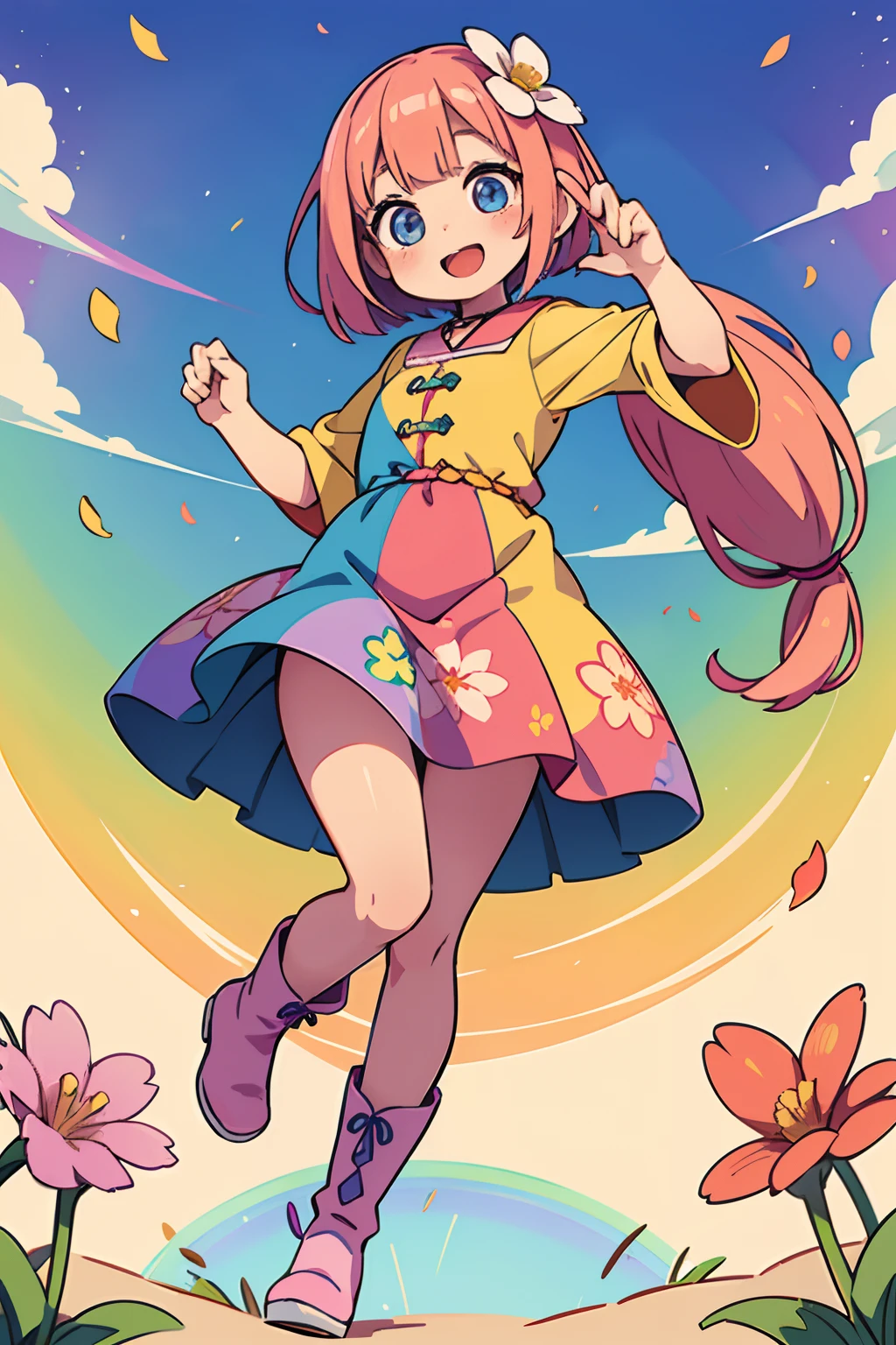 Stand in front of the photo、1girl in,Full body,a short bob, rainbow color Hair,long boots,Open mouth and big smile、kawaii pose、Flowing iridescent silk、up of face、Eye Up、Colorcon with heart pattern、Floral dress、There are flowers even in front of you、flower petals、season!!: springtime☀ 🍂