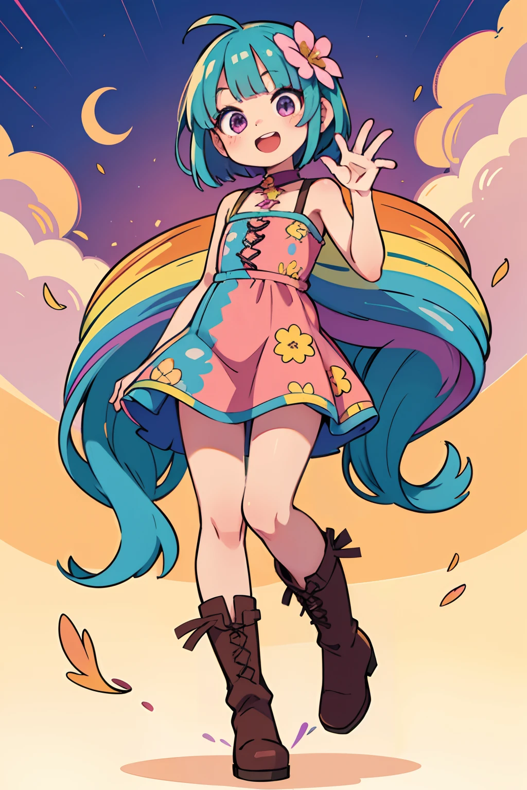 Stand in front of the photo、1girl in,Full body,a short bob, rainbow color Hair,long boots,Open mouth and big smile、kawaii pose、Flowing iridescent silk、up of face、Eye Up、Colorcon with heart pattern、Floral dress、There are flowers even in front of you、flower petals、season!!: springtime☀ 🍂