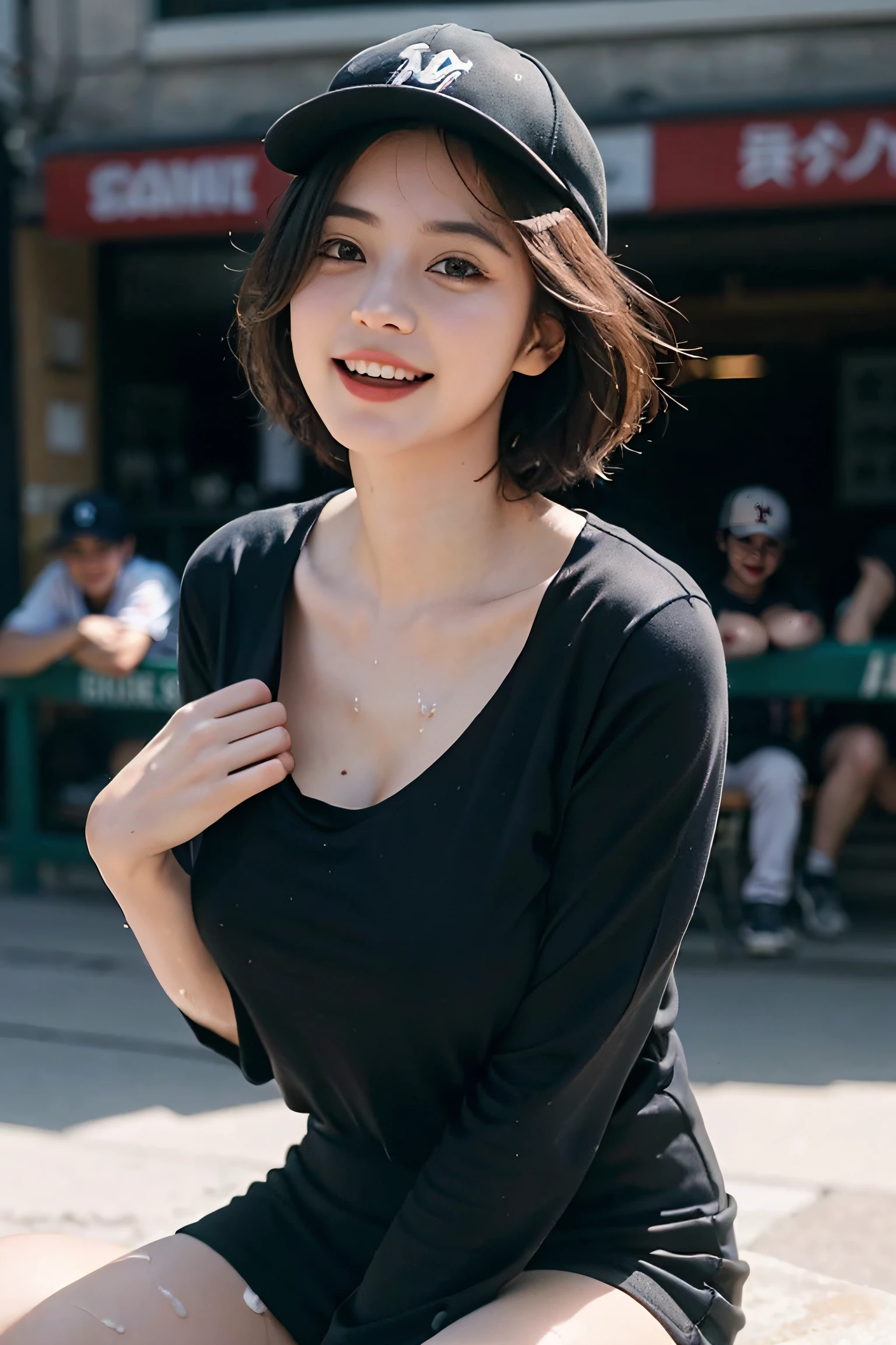 (The to the FW: 1.5), Best Quality ,masutepiece,超A high resolution, Very beautiful beauty, kawaii, 18year old,(photographrealistic:1.4), 1girl in, Japanese, ((Above the knee)),Mouth that laughed,Short hair, Looking at Viewer, Baseball Wear, Put on the cap,Cinematic, 35mm lens, F/ 1. 8, Accent Lighting, 8K,,natural soft light,E-10,up skirt, Beautiful ass, Huge breasts: 1.4,Realistic,shinny hair,tongue,Hands on the chest,Wet clothes,girl,