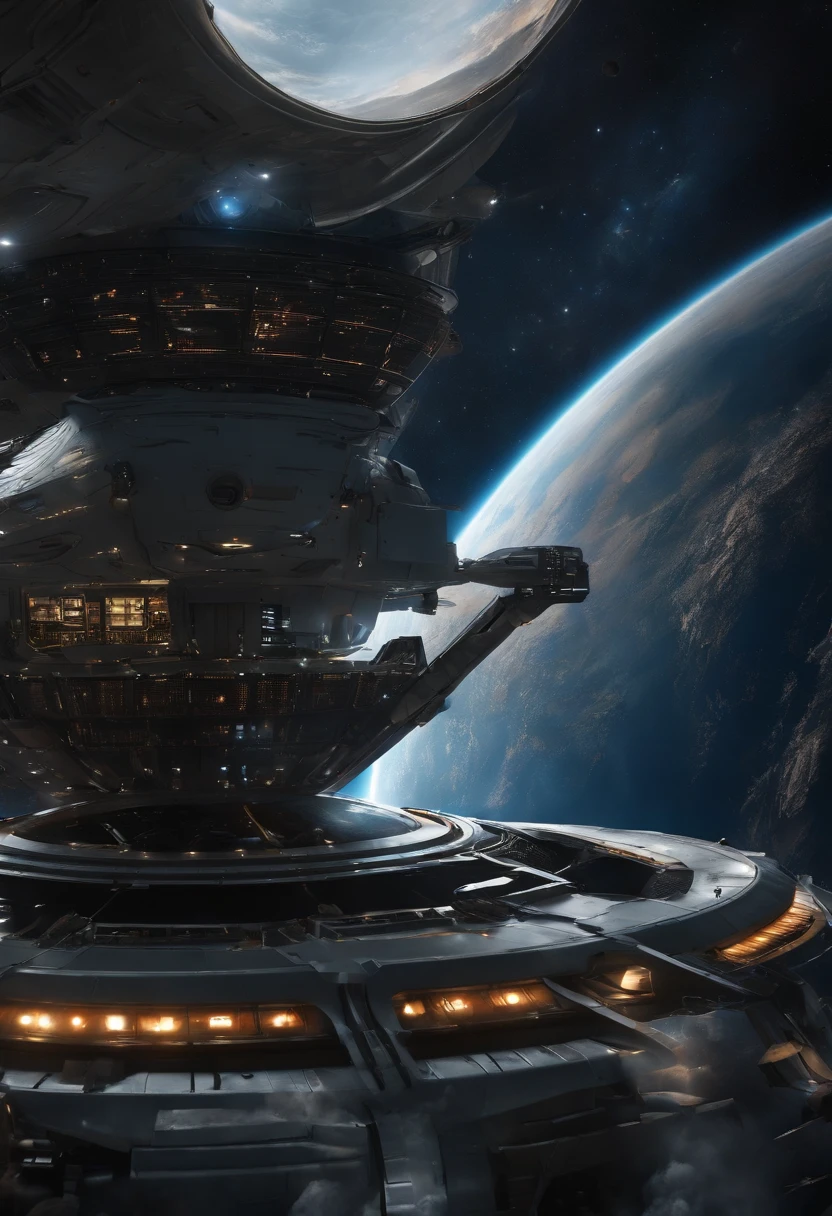 Best quality, , 超高分辨率, (Realistic photography:1.4), ultra-realistic realism, A futuristic complex spaceship is stationary in space, its hull is damaged, robots and astronauts are repairing it, the vast universe is in the background, outstanding details, cinematic footage