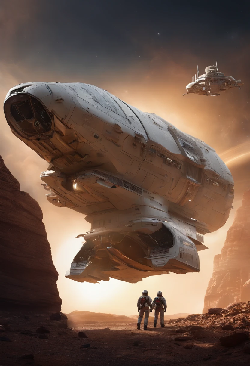 Best quality, , 超高分辨率, (Realistic photography:1.4), ultra-realistic realism, A futuristic complex spaceship is stationary in space, its hull is damaged, robots and astronauts are repairing it, the vast universe is in the background, outstanding details, cinematic footage