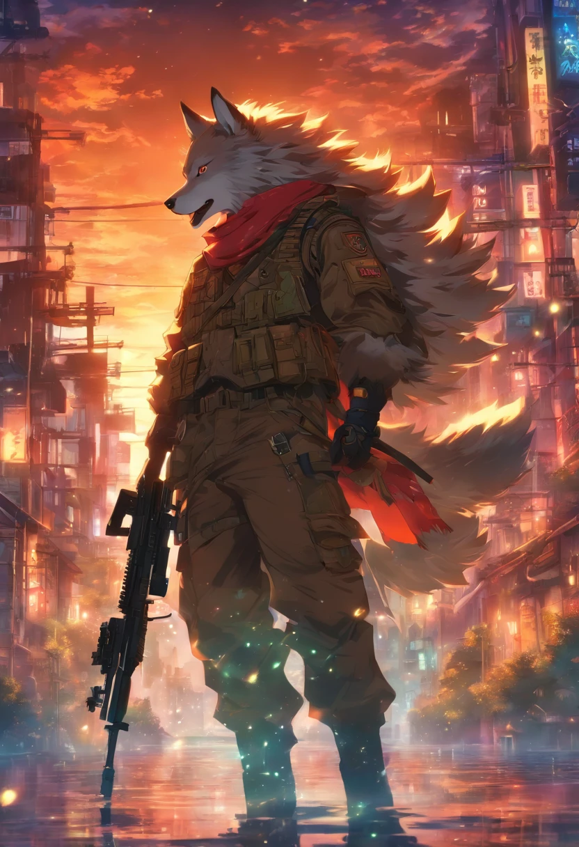 Have a sniper rifle、Or a wolf that shoots,8th class, Cinematic light and reflection, Intermediate metaverse elements,Digital Painting, Glowing reflections,Skylight at night with a beautiful atmosphere,Surrounded by clouds, Looking down from a high place, glazed tiles,tmasterpiece, high quarity, Beautiful graphics, high detal,