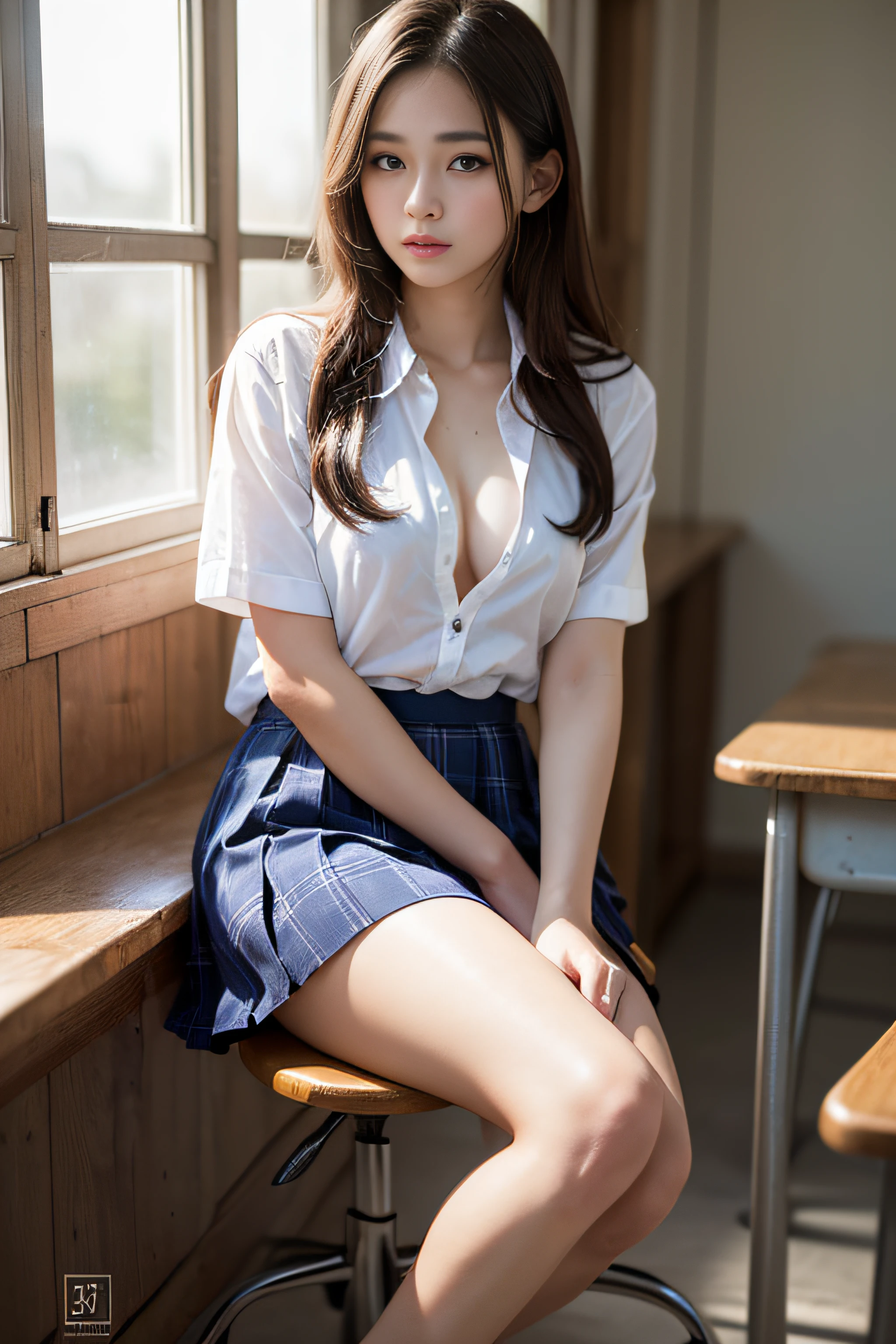 top-quality、hight resolution、ultra-detailliert、masterpiece、Raw photography:2、realisitic:2、Photorealsitic:2、extremely delicate and beautiful、finely detail、Textured skin、1girl in、japanes、 (Solo)、(Chest Up Shot)、18-year-old schoolgirl、(Sitting on a school chair by the window)、She's looking at this、Sunset hits、(Super beautiful girl:1.5)、(A detailed face)、Adult face、Bare legs、Brown hair、(School uniform)、highschool、crass room、School Desks and Chairs
