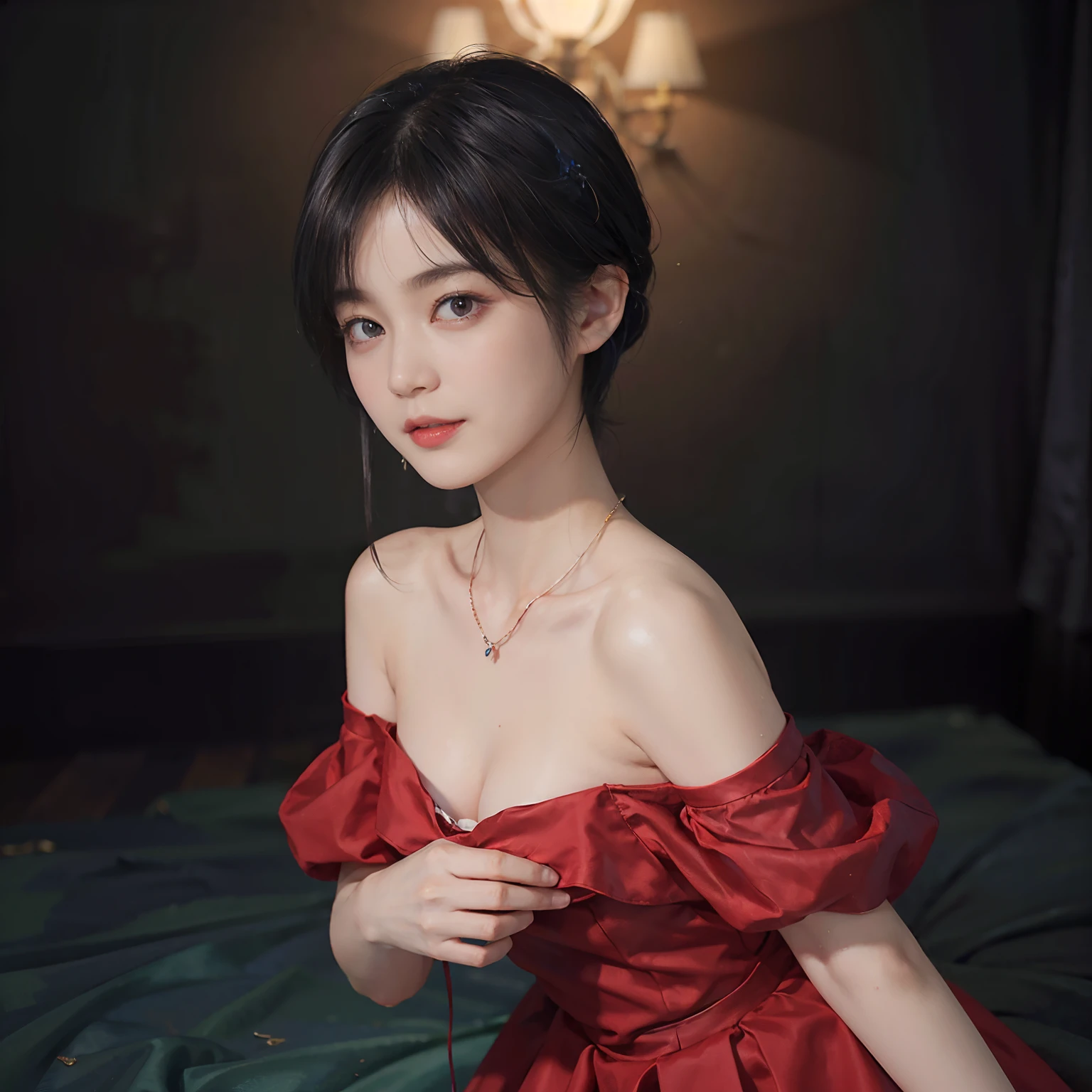 ((1womanl)),  (((Black-short-hair))), （masuter piece：1,3）、top-quality、​masterpiece、hight resolution、Original、highly detailed wallpaper、dress code、Luxurious necklace, (A slight smil)、a small face、((breast))、(Red and blue dresses)、(light on face)、Live-action style, Beautiful facial features, darkened room, ((Hu Dilan))