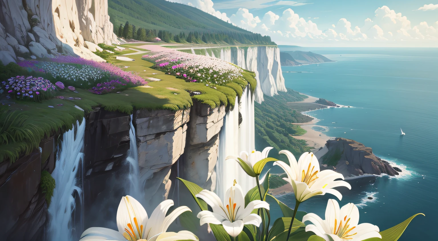 Realistic painting style of white lily flowers on cliff walls