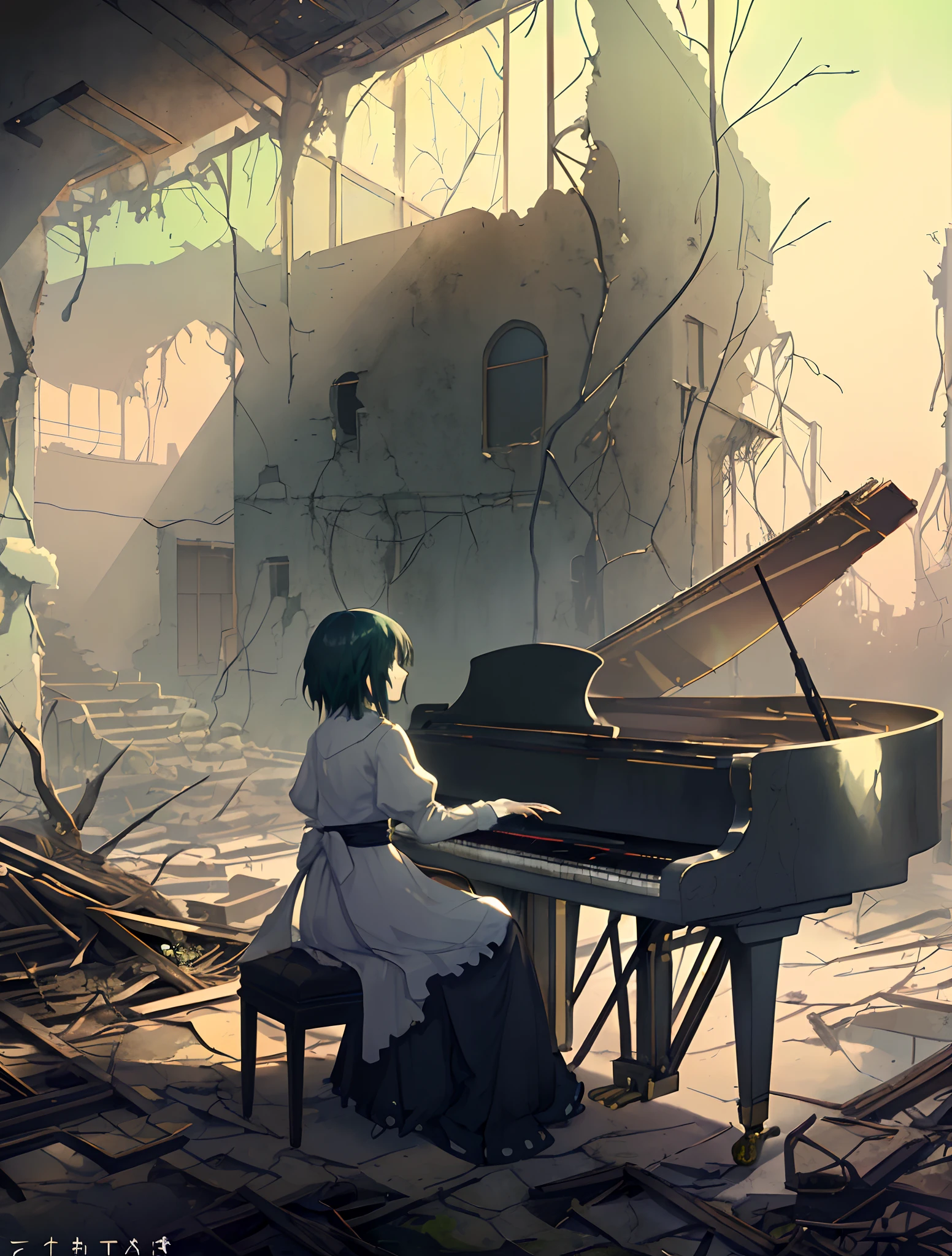 Create exquisite illustrations reminiscent of Makoto Shinkai's style, It has ultra-fine details and top-notch quality. Create an illustration depicting a girl playing the piano in the ruins of a desolate town. A scene that exudes nostalgia and enchantment, Let the girls' music fill the air, Weaving a haunting melody that resonates with the echoes of the past. Dilapidated buildings and overgrown vegetation、Quite in contrast to the beauty of her music, Creating a poignant juxtaposition of hope in despair. This moment is、Capturing the enduring power of art、Stimulation and uplifting, Even in the most difficult conditions