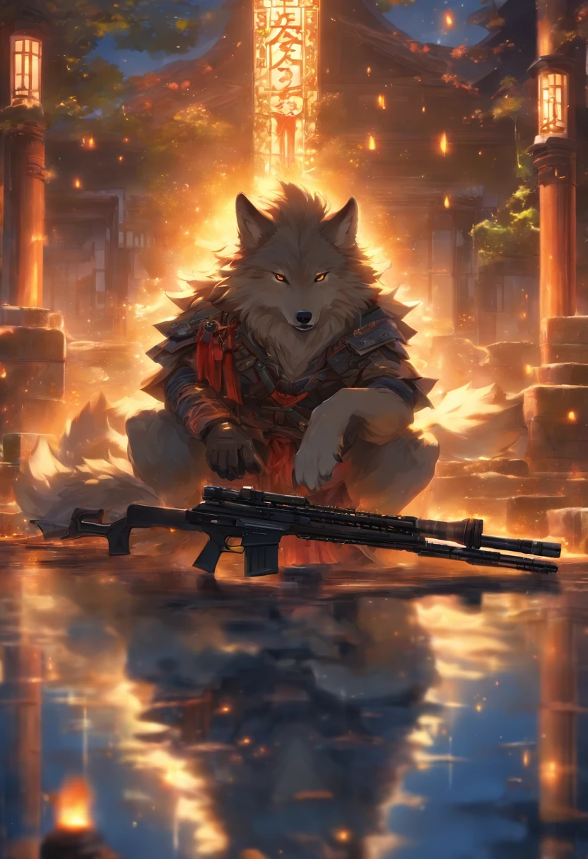 Have a sniper rifle、Or a wolf that shoots,8th class, Cinematic light and reflection, Intermediate metaverse elements,Digital Painting, Glowing reflections,Skylight at night with a beautiful atmosphere,Surrounded by clouds, Looking down from a high place, medieval times,glazed tiles,tmasterpiece, high quarity, Beautiful graphics, high detal,Magnificent