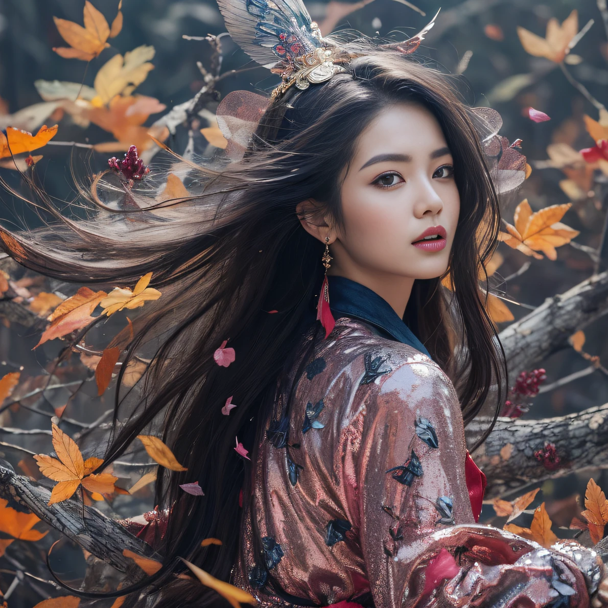 32K(tmasterpiece,k hd,hyper HD,32K)Long flowing black hair,ponds,zydink, a color, Aozhou people (Concubine girl), (Purple silk scarf), Combat posture, looking at the ground, long whitr hair, Floating hair, Carp pattern headdress, Chinese long-sleeved clothing, (Abstract gouache splash:1.2), Pink petal background,Pink and white lotus flowers fly(realisticlying:1.4),Black color hair,Fallen leaves flutter,The background is pure, A high resolution, the detail, RAW photogr, Sharp Re, Nikon D850 Film Stock Photo by Jefferies Lee 4 Kodak Portra 400 Camera F1.6 shots, Rich colors, ultra-realistic vivid textures, Dramatic lighting, Unreal Engine Art Station Trend, cinestir 800,Long flowing black hair,Denim skirt