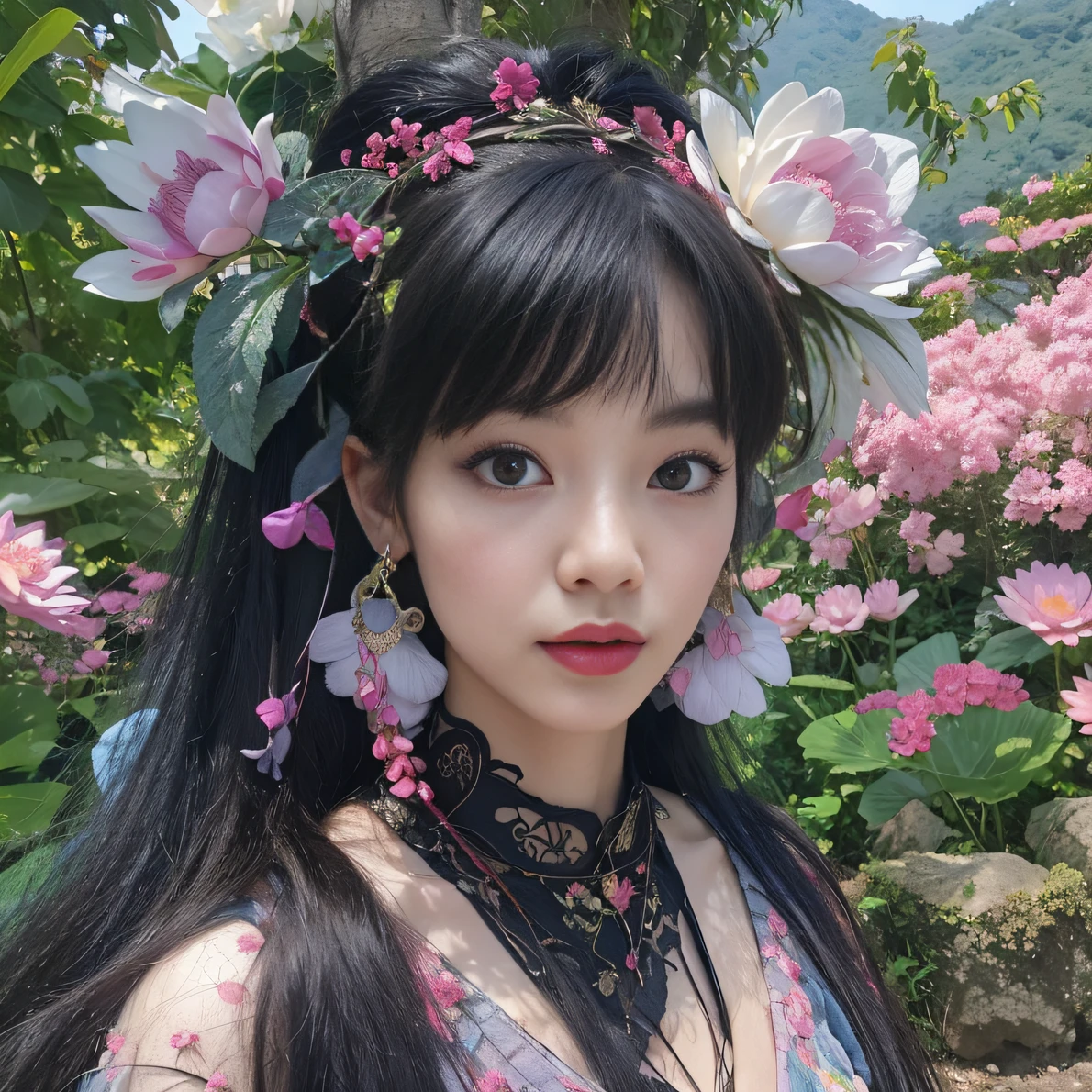 32K(tmasterpiece,k hd,hyper HD,32K)Long flowing black hair,ponds,zydink, a color, Aozhou people (Concubine girl), (Purple silk scarf), Combat posture, looking at the ground, long whitr hair, Floating hair, Carp pattern headdress, Chinese long-sleeved clothing, (Abstract gouache splash:1.2), Pink petal background,Pink and white lotus flowers fly(realisticlying:1.4),Black color hair,Fallen leaves flutter,The background is pure, A high resolution, the detail, RAW photogr, Sharp Re, Nikon D850 Film Stock Photo by Jefferies Lee 4 Kodak Portra 400 Camera F1.6 shots, Rich colors, ultra-realistic vivid textures, Dramatic lighting, Unreal Engine Art Station Trend, cinestir 800,Long flowing black hair,Denim skirt
