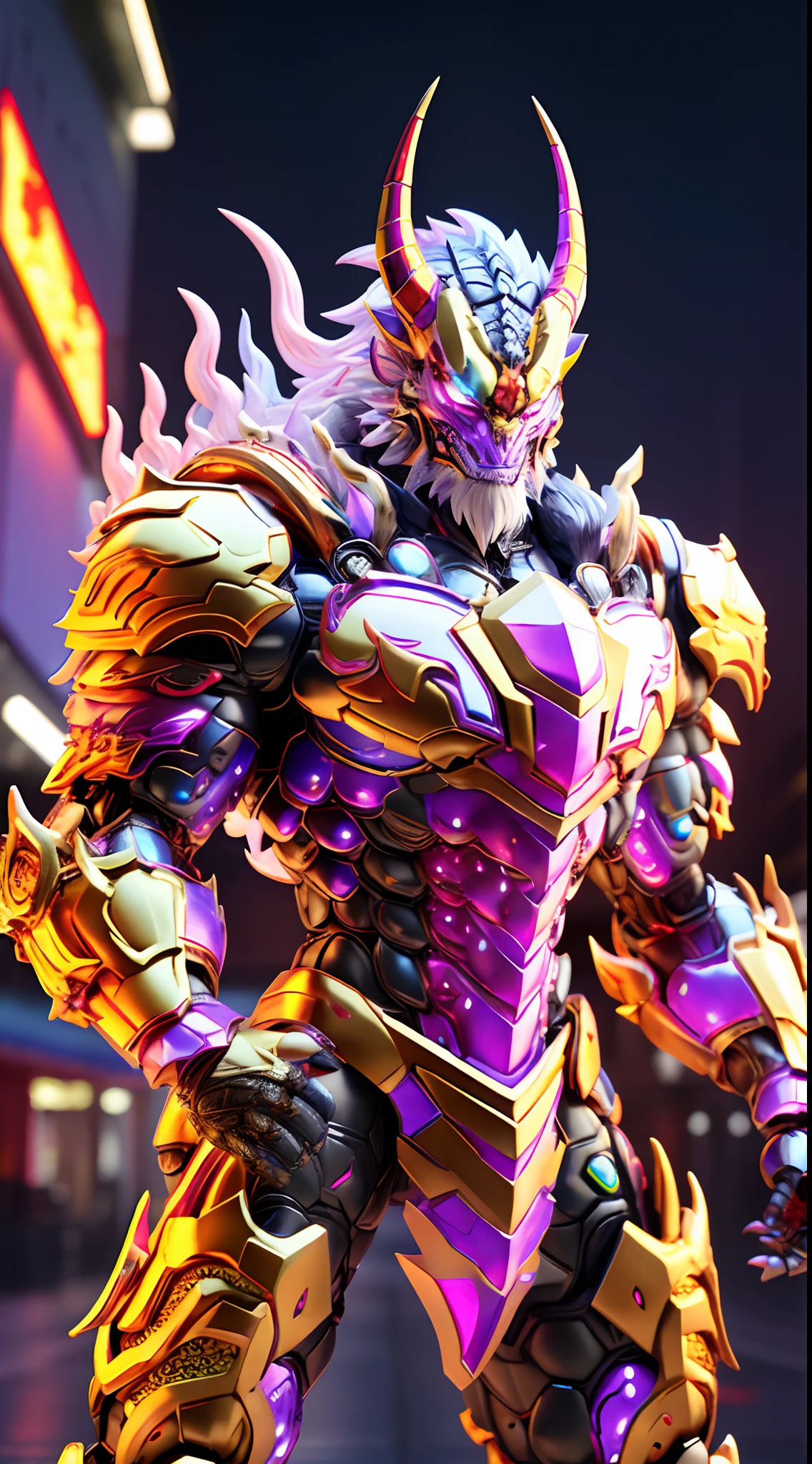 DRAGON KING, RAINBOW COLORED, HETEROCHROMIA EYE, CRYSTAL HEAVY ARMOR, TRANSPARANT, MUSCLE BODY.