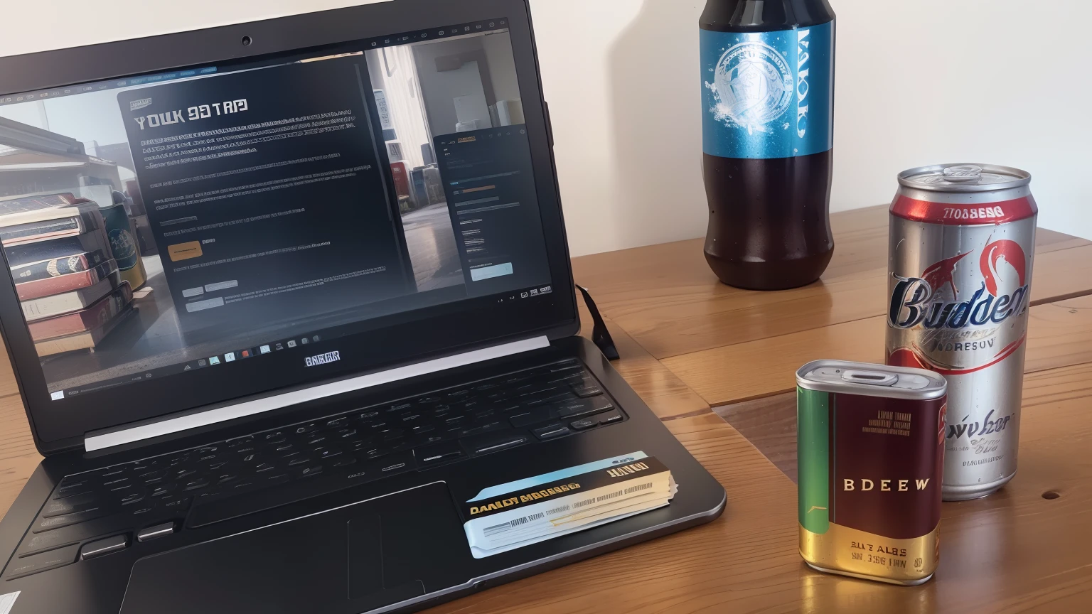 a notebook on the table,a cigarette box next to the lighter,a can of Buddyweiser beer,sturdy wooden table,soft shadow,beautifully textured notebook cover,precise lines and details on the notebook,metallic lighter with striking design,detailed cigarette box with vibrant colors,cold condensation on the beer can,golden label and logo on the beer can,glossy surface of the table,subtle reflection on the table surface,crisp focus and clarity in the image,high-resolution and vivid colors,realistic rendering,professional lighting setup,contrasting warm and cool color tones