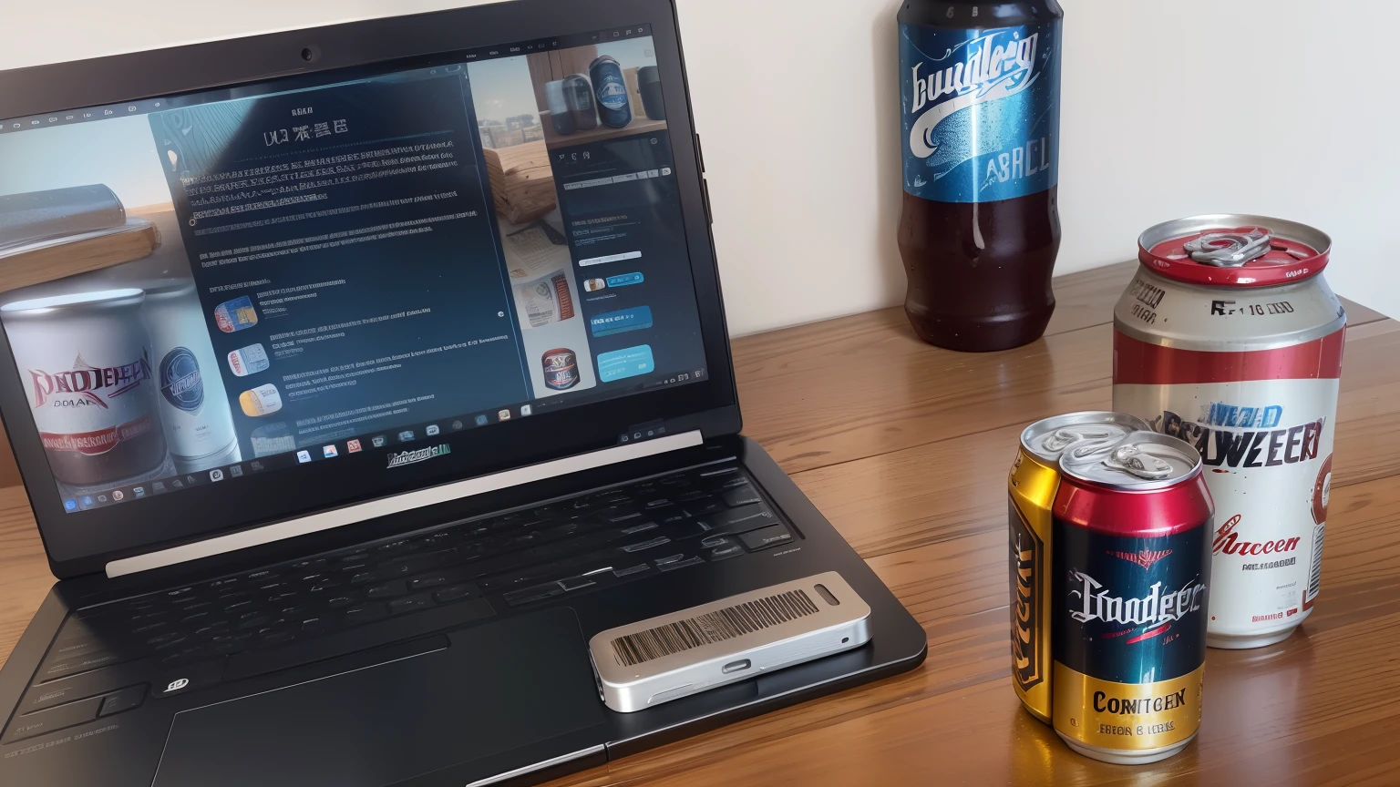 a notebook on the table,a cigarette box next to the lighter,a can of Buddyweiser beer,sturdy wooden table,soft shadow,beautifully textured notebook cover,precise lines and details on the notebook,metallic lighter with striking design,detailed cigarette box with vibrant colors,cold condensation on the beer can,golden label and logo on the beer can,glossy surface of the table,subtle reflection on the table surface,crisp focus and clarity in the image,high-resolution and vivid colors,realistic rendering,professional lighting setup,contrasting warm and cool color tones