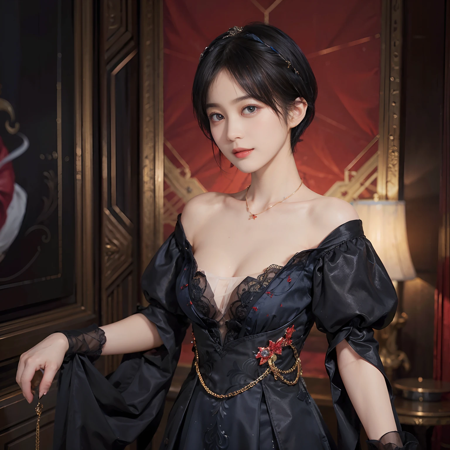 ((1womanl)),  (((Black-short-hair))), （masuter piece：1,3）、top-quality、​masterpiece、hight resolution、Original、highly detailed wallpaper、dress code、Luxurious necklace, (A slight smil)、a small face、((breast))、(Red and blue dresses)、(light on face)、Live-action style, Beautiful facial features, darkened room, ((Hu Dilan))