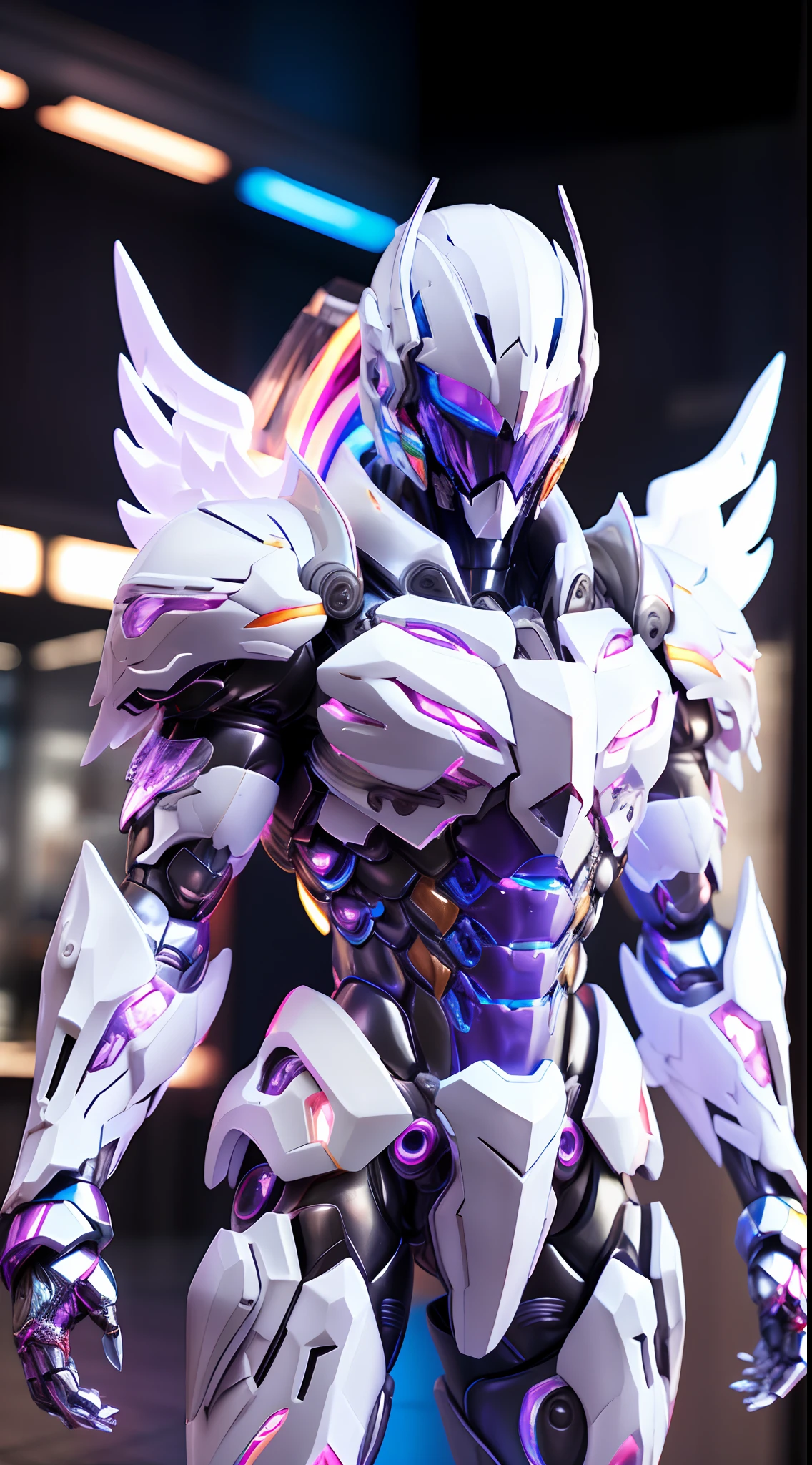 ANGEL, RAINBOW COLORED, HETEROCHROMIA EYE, CRYSTAL HEAVY ARMOR, TRANSPARANT, MUSCLE BODY.