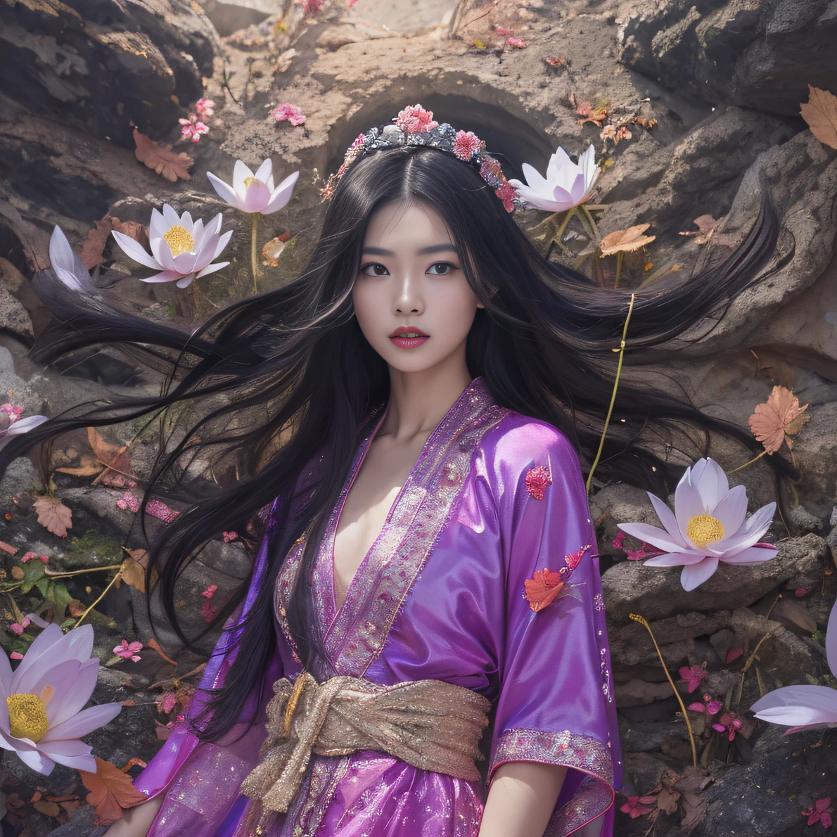 32K（tmasterpiece，k hd，hyper HD，32K）Long flowing black hair，ponds，zydink， a color， Aozhou people （Concubine girl）， （Purple silk scarf）， Combat posture， looking at the ground， long whitr hair， Floating hair， Carp pattern headdress， Chinese long-sleeved clothing， （Abstract gouache splash：1.2）， Pink petal background，Pink and white lotus flowers fly（realisticlying：1.4），Black color hair，Fallen leaves flutter，The background is pure， A high resolution， the detail， RAW photogr， Sharp Re， Nikon D850 Film Stock Photo by Jefferies Lee 4 Kodak Portra 400 Camera F1.6 shots, Rich colors, ultra-realistic vivid textures, Dramatic lighting, Unreal Engine Art Station Trend, cinestir 800，Long flowing black hair，Denim skirt