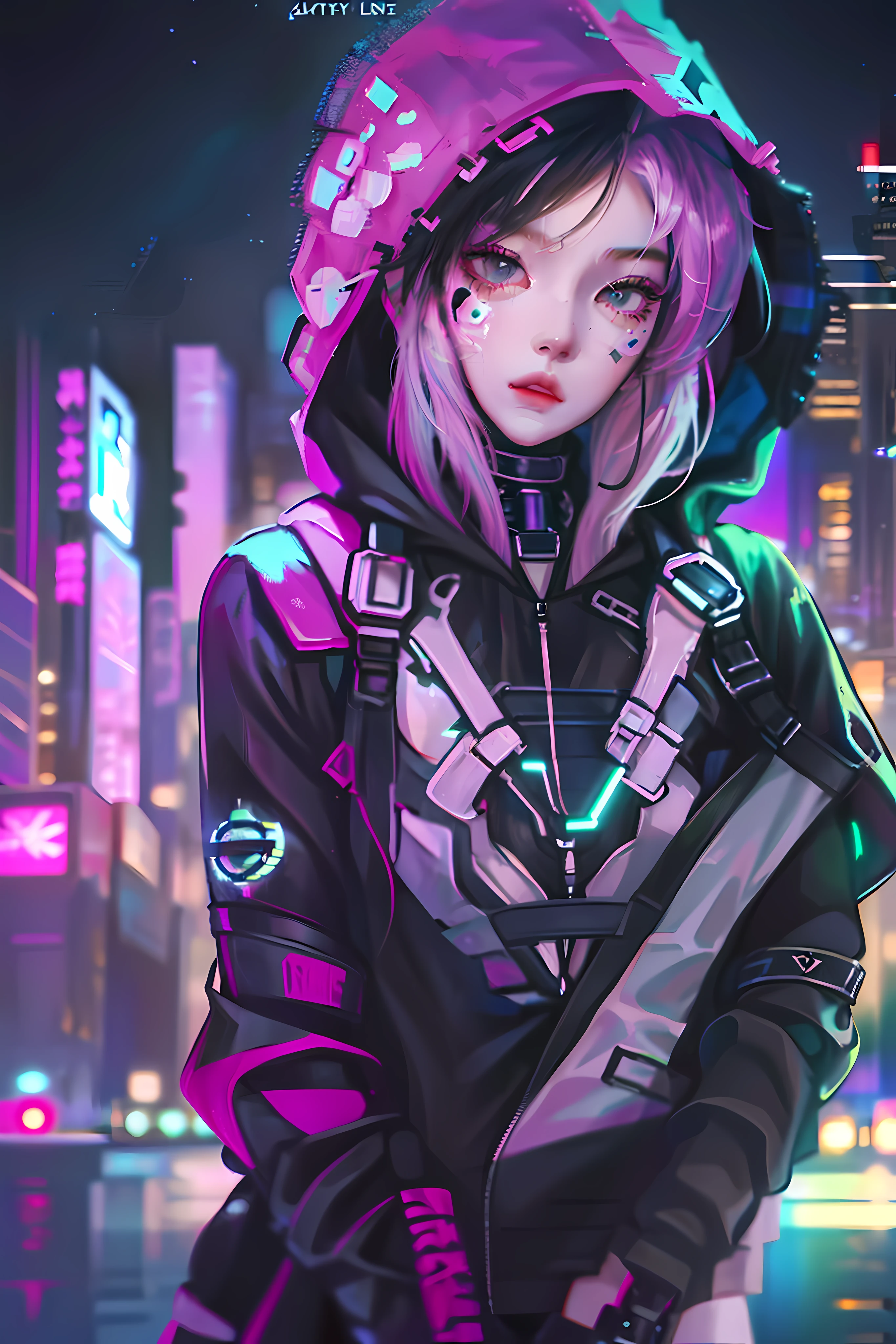 There is a woman in a black and green hoodie posing for a photo, cyberpunk anime girl in hoodie, as an overwatch character, Anime style mixed with Fujifilm, Honest, 《Overwatch》Inspiration, as an overwatch character, Anime girl in real life, portrait of a female anime hero, Anime girl cosplay, android heroine, cyberpunk anime girl, photograph of a techwear woman
