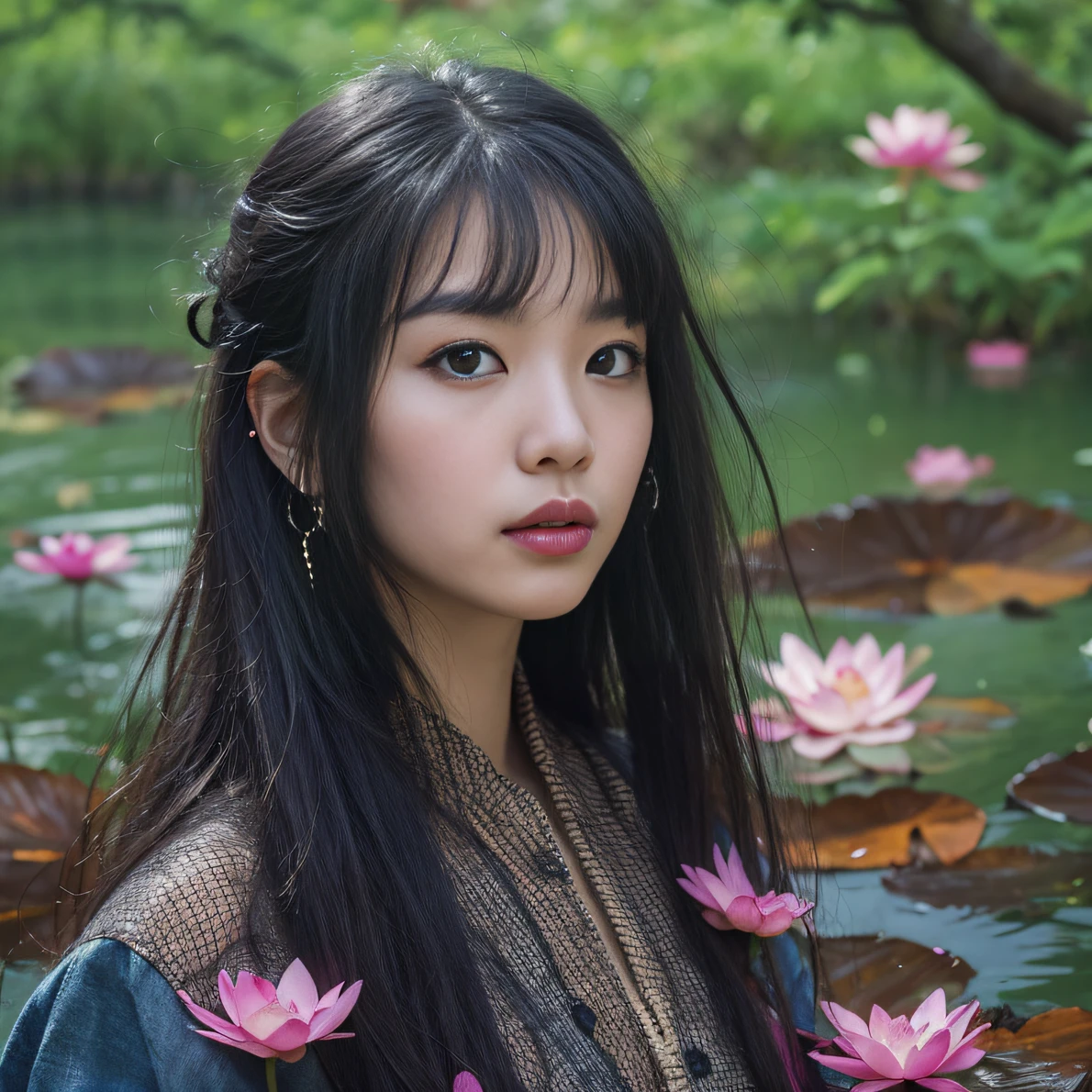 32K（tmasterpiece，k hd，hyper HD，32K）Long flowing black hair，ponds，zydink， a color， Aozhou people （Concubine girl）， （Purple silk scarf）， Combat posture， looking at the ground， long whitr hair， Floating hair， Carp pattern headdress， Chinese long-sleeved clothing， （Abstract gouache splash：1.2）， Pink petal background，Pink and white lotus flowers fly（realisticlying：1.4），Black color hair，Fallen leaves flutter，The background is pure， A high resolution， the detail， RAW photogr， Sharp Re， Nikon D850 Film Stock Photo by Jefferies Lee 4 Kodak Portra 400 Camera F1.6 shots, Rich colors, ultra-realistic vivid textures, Dramatic lighting, Unreal Engine Art Station Trend, cinestir 800，Long flowing black hair，Denim skirt