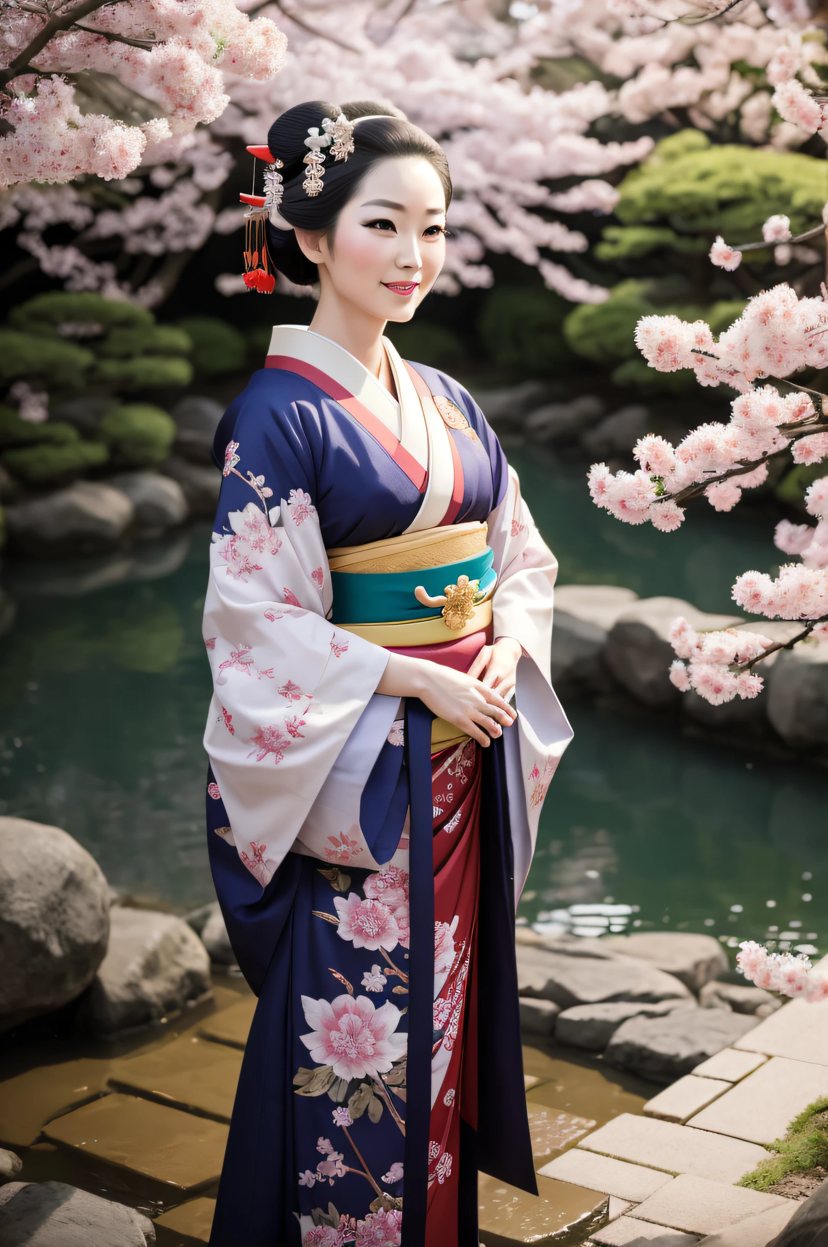 30-35 Years Old geisha fashion mode, pale skin, dressed colorful traditional kimona,Happy expression on face, in Japanese garden ,backlight, extremely realistic, 8k, insane details, intricate details, cinematic color graded,Color Grading, Editorial Photography, Photography,sharp focus, taken with a 60mm lens, ISO 300, f/4, 1/200th