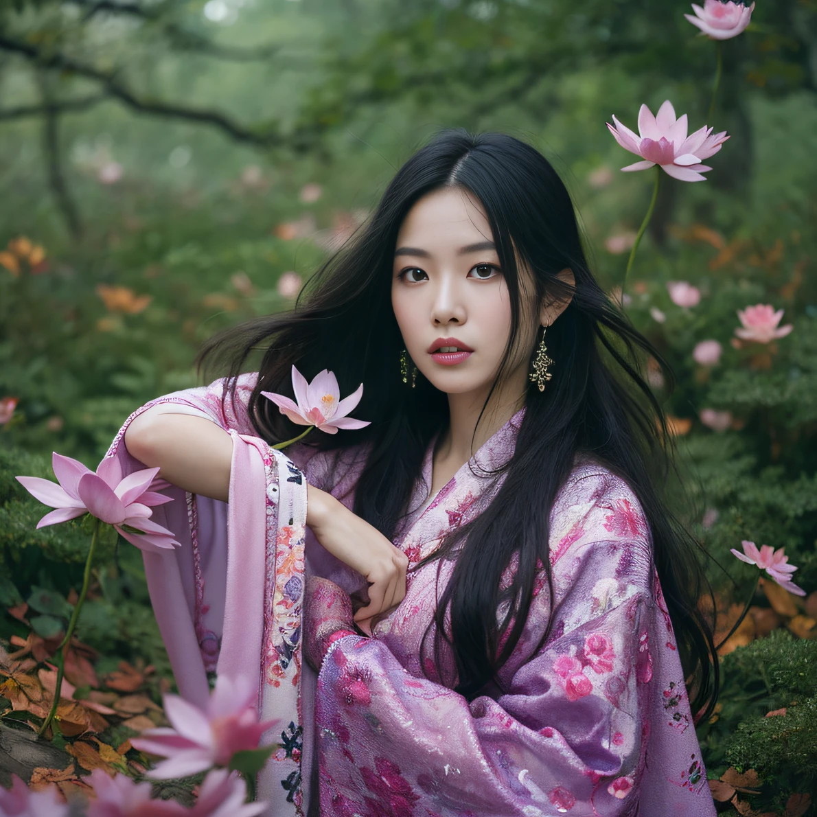 32K(tmasterpiece,k hd,hyper HD,32K)Long flowing black hair,ponds,zydink, a color, Aozhou people (Concubine girl), (Purple silk scarf), Combat posture, looking at the ground, long whitr hair, Floating hair, Carp pattern headdress, Chinese long-sleeved clothing, (Abstract gouache splash:1.2), Pink petal background,Pink and white lotus flowers fly(realisticlying:1.4),Black color hair,Fallen leaves flutter,The background is pure, A high resolution, the detail, RAW photogr, Sharp Re, Nikon D850 Film Stock Photo by Jefferies Lee 4 Kodak Portra 400 Camera F1.6 shots, Rich colors, ultra-realistic vivid textures, Dramatic lighting, Unreal Engine Art Station Trend, cinestir 800,Long flowing black hair,Denim skirt