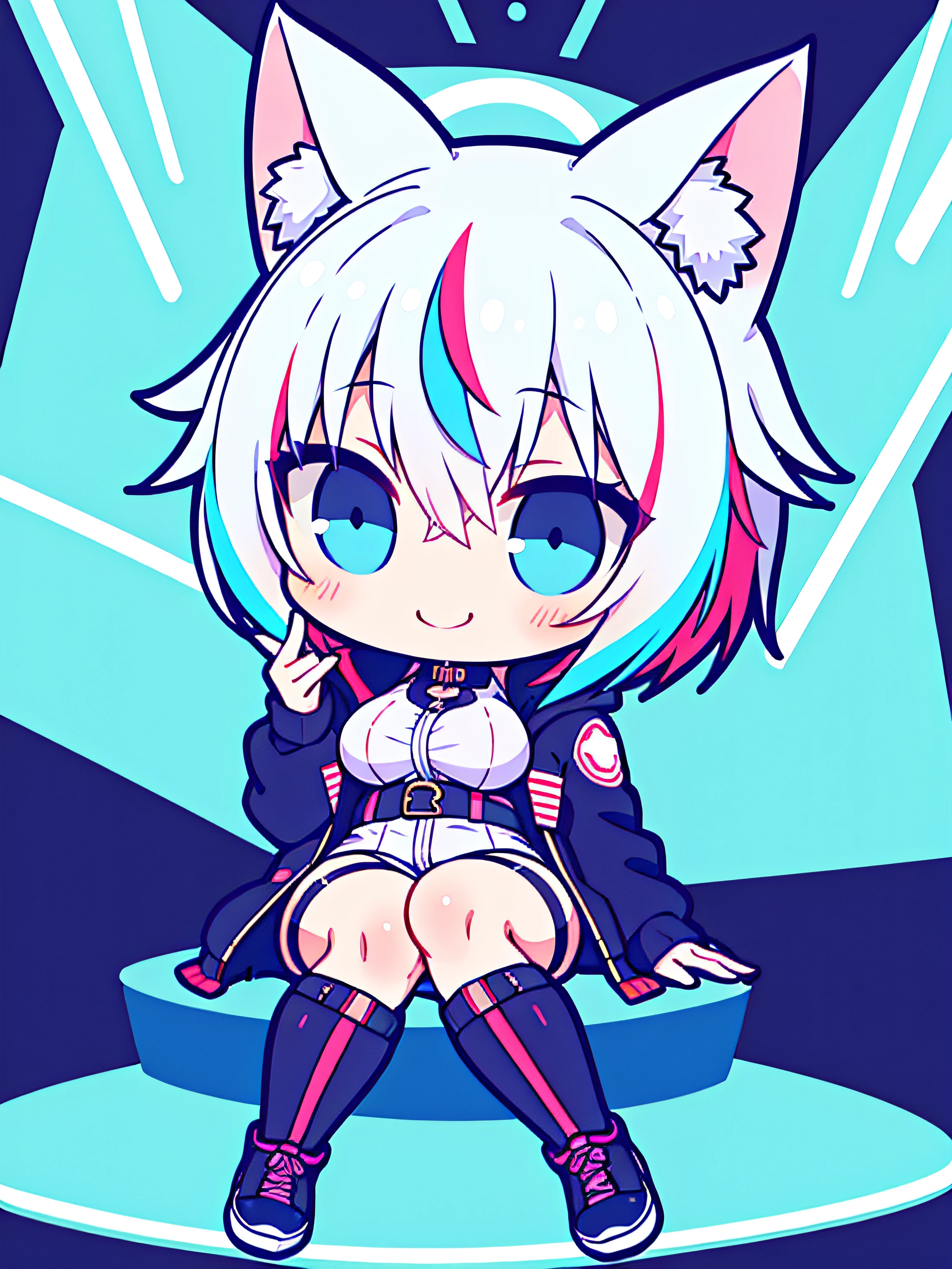 the anime character is fully dressed in very warm and sexy outfit, oversized jacket, 1girl, solo, multicolored pastel hair, blue eyes, virtual youtuber, cat ears, streaked hair, white hair, breasts, smile, short hair, expressive, dark bodysuit, neon, cyberpunk, perfect face, high res, ultrasharp, 8K, masterpiece, looking at viewer, chibi, kawaii, sitting, full body